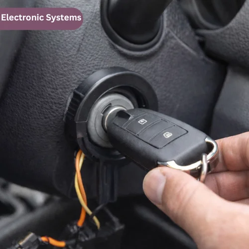 Photo of a hand inserting a flip-style car key fob into the ignition slot on a dashboard, illustrating electronic systems in modern vehicles.