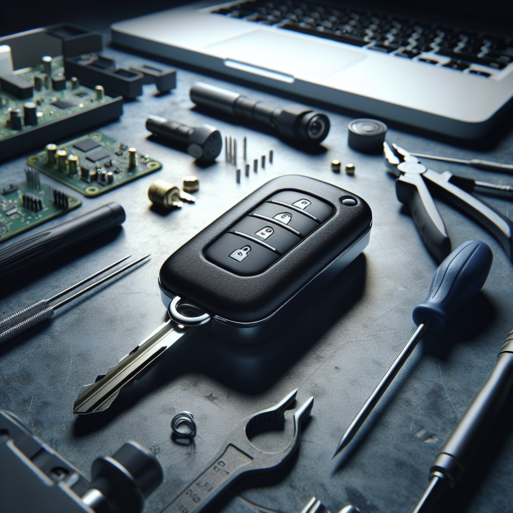 Lock decoding tools and car key components on a workbench