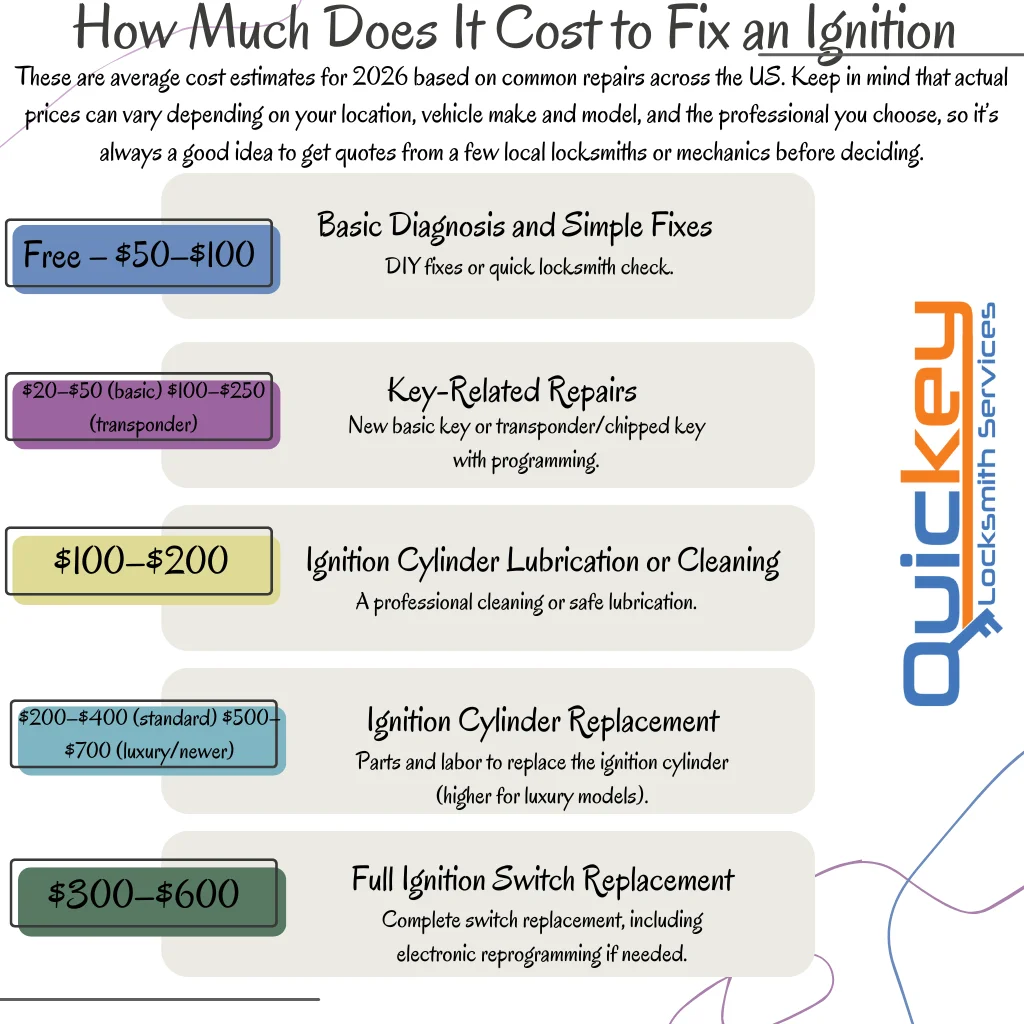 Infographic of average 2026 costs for common ignition repairs: titled 'How Much Does It Cost to Fix an Ignition'. Includes basic diagnosis and simple fixes (free–$100), key-related repairs ($20–$250), cylinder lubrication or cleaning ($100–$200), cylinder replacement ($200–$700), full ignition switch replacement ($300–$600). Prices vary by vehicle, model, and location.