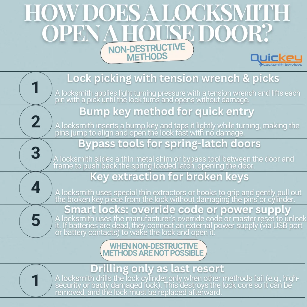 Infographic explaining how a locksmith opens a house door, showing non-destructive methods like lock picking with tension wrench and picks, bump key entry, bypass tools for spring-latch doors, broken key extraction, smart lock override techniques, and drilling as a last-resort destructive method