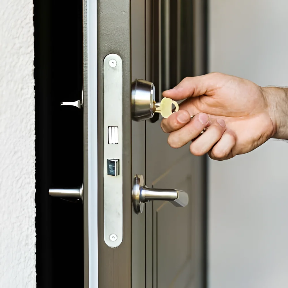 Male hand inserting a key into the lock of a residential door, demonstrating unlocking a home.