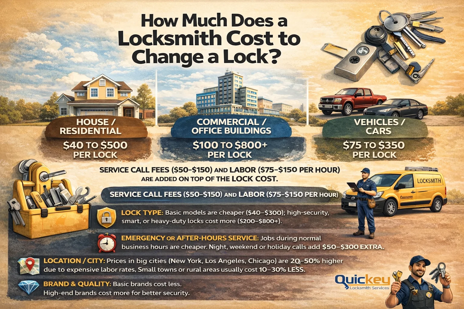 Infographic showing how much a locksmith costs to change a lock, with pricing breakdown for house and residential locks ($40–$500 per lock), commercial and office buildings ($100–$800+ per lock), and vehicle car locks ($75–$350 per lock), including service call fees ($50–$150), labor costs ($75–$150 per hour), and factors like lock type, emergency service, location, and brand quality, featuring house, office building, cars, locksmith tools, and a professional locksmith standing next to a service van from Quickey Locksmith Services.