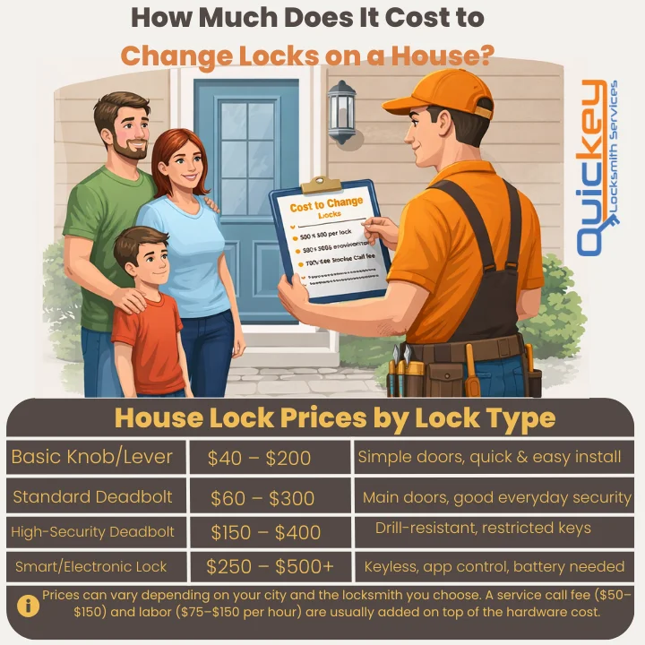 Infographic illustrating the cost to change locks on a house. Happy family (parents and child) at front door while professional locksmith in orange uniform shows clipboard with breakdown: basic knob/lever $60–$200 (simple install), standard deadbolt $100–$300 (good security), high-security deadbolt $200–$400 (drill-resistant), smart/electronic lock $250–$500+ (keyless/app control). Note on service call fee $50–$150 and labor $75–$150/hour added to hardware cost.