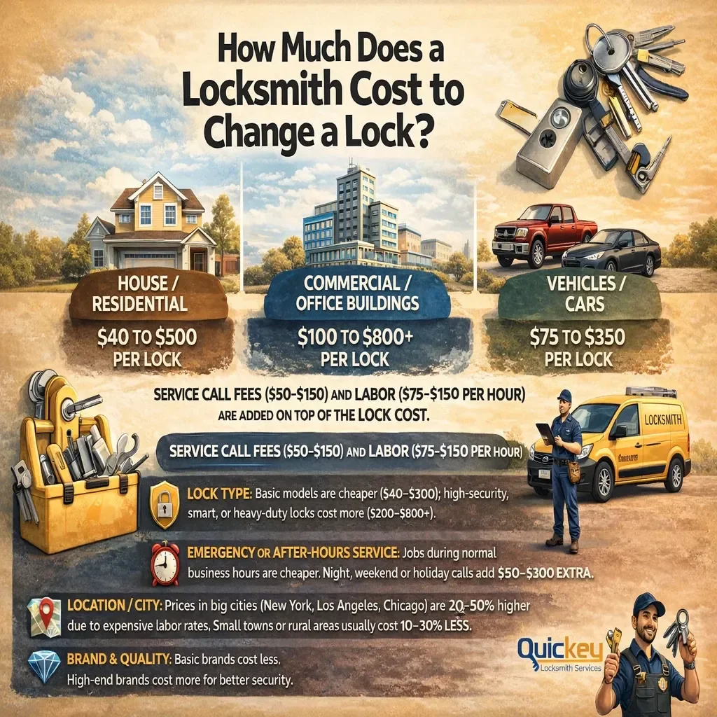Infographic showing how much a locksmith costs to change a lock, with pricing breakdown for house and residential locks ($40–$500 per lock), commercial and office buildings ($100–$800+ per lock), and vehicle car locks ($75–$350 per lock), including service call fees ($50–$150), labor costs ($75–$150 per hour), and factors like lock type, emergency service, location, and brand quality, featuring house, office building, cars, locksmith tools, and a professional locksmith standing next to a service van from Quickey Locksmith Services.