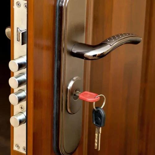 Close-up view of a residential wooden door featuring a modern brushed metal handle and lock plate, with a key inserted in the cylinder lock and several round metal locking bolts visible along the edge of the door as part of a multi-point security locking system.