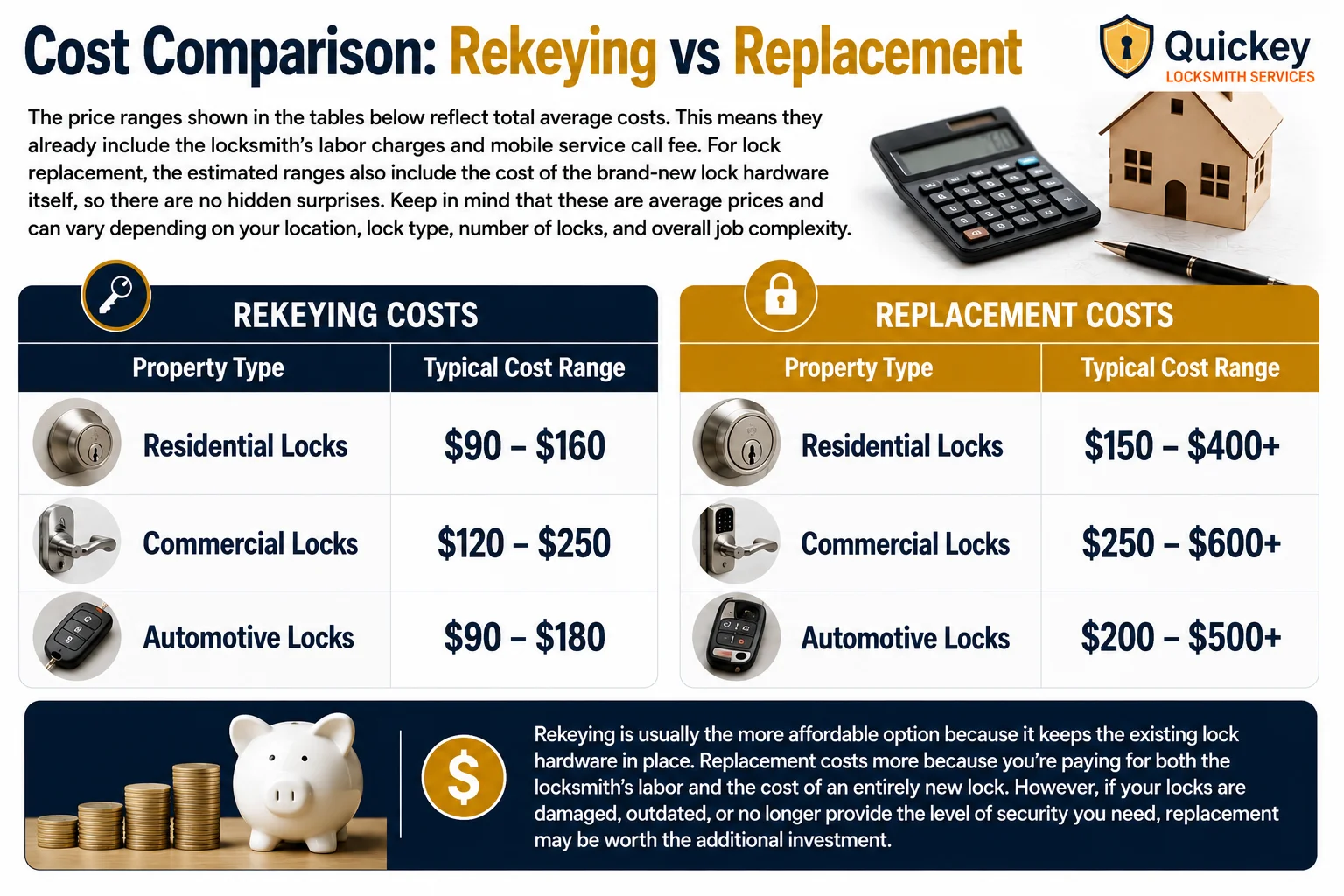 An infographic titled "Cost Comparison: Rekeying vs Replacement" comparing the average costs of lock rekeying and lock replacement across residential, commercial, and automotive properties. The top section explains that all price ranges represent total average costs and already include the locksmith’s labor charges and mobile service call fee. It also notes that lock replacement costs include the price of brand-new lock hardware and that final prices may vary based on location, lock type, number of locks, and job complexity. A calculator, model house, and pen are displayed to emphasize cost planning. The center section contains two side-by-side pricing tables. The left table, labeled "Rekeying Costs," lists typical price ranges of $90–$160 for residential locks, $120–$250 for commercial locks, and $90–$180 for automotive locks. The right table, labeled "Replacement Costs," lists typical price ranges of $150–$400+ for residential locks, $250–$600+ for commercial locks, and $200–$500+ for automotive locks. Lock and vehicle key images are used to represent each property type. A dark blue banner at the bottom highlights that rekeying is generally the more affordable option because it keeps the existing lock hardware, while replacement costs more due to the installation of entirely new hardware. The banner also explains that replacement may be worthwhile for damaged, outdated, or less secure locks. Decorative images of stacked coins, a piggy bank, and a dollar symbol reinforce the cost comparison theme, while the Quickey Locksmith Services logo appears in the top-right corner.