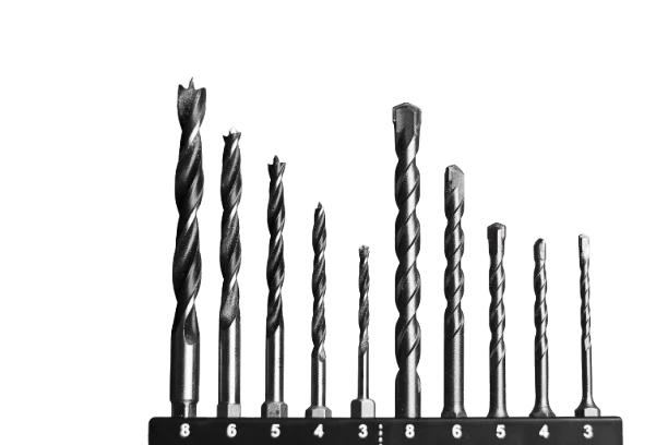 A studio photograph of a drill bits set isolated on a transparent background. The set contains ten metallic drill bits arranged vertically in a black plastic holder. The bits vary in height, creating a stepped appearance from left to right. The first five bits on the left are dark gray wood drill bits with spiral flutes and pointed brad-point tips designed for drilling into wood. The remaining five bits on the right are dark gray masonry drill bits with blunt carbide tips and spiral shafts for drilling into concrete or brick. White numbers printed along the front of the black holder indicate the bit sizes, including 3, 4, 5, 6, and 8. The polished metal surfaces of the drill bits reflect light, giving them a silver-gray appearance against the dark holder.