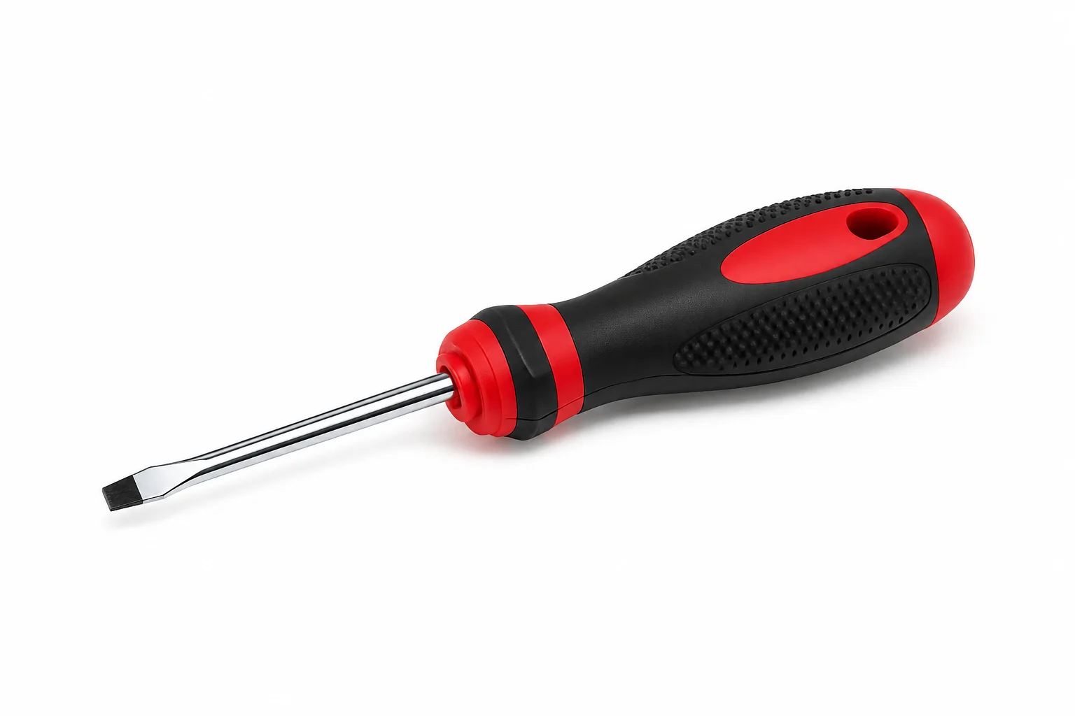 A studio photograph of a professional flathead or slotted screwdriver isolated on a clean, solid white background. The tool features an ergonomic heavy-duty handle with a high-contrast red and black color scheme, perfectly matching the design of a standard locksmith tool kit. The handle is composed of black textured rubber with molded anti-slip bumps for maximum grip control, split by smooth red plastic accent panels near the collar and base, complete with a functional circular hanging hole at the end. A polished, shiny cylindrical chrome steel shank projects horizontally from the red collar, tapering down at the end into a darkened, flat wedge-shaped straight tip pointing toward the lower left corner.