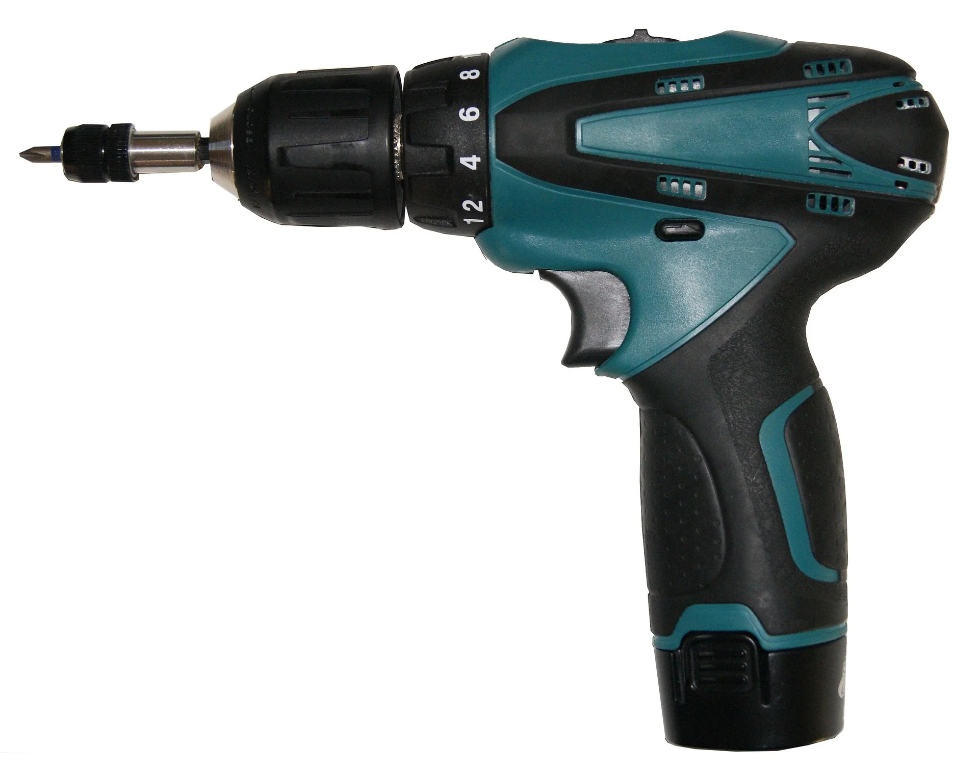 A studio photograph of a cordless power drill isolated on a clean, light gray background. The drill is positioned horizontally with the screwdriver bit pointing toward the left side of the image. It features a modern teal and black plastic body with a textured, ergonomic grip and a slightly curved pistol-style handle. The front of the tool has a black keyless chuck holding a small Phillips screwdriver bit with a metallic silver shaft and a dark tip. Behind the chuck is a black torque adjustment ring displaying large white numbers, including 4, 6, 8, and 12. The main housing combines matte teal panels with black rubberized sections and decorative vent-like details along the top and sides. A small black forward and reverse switch is visible above the trigger area. The base of the handle contains an integrated battery compartment, giving the drill a compact cordless design commonly used for driving screws and light drilling tasks.