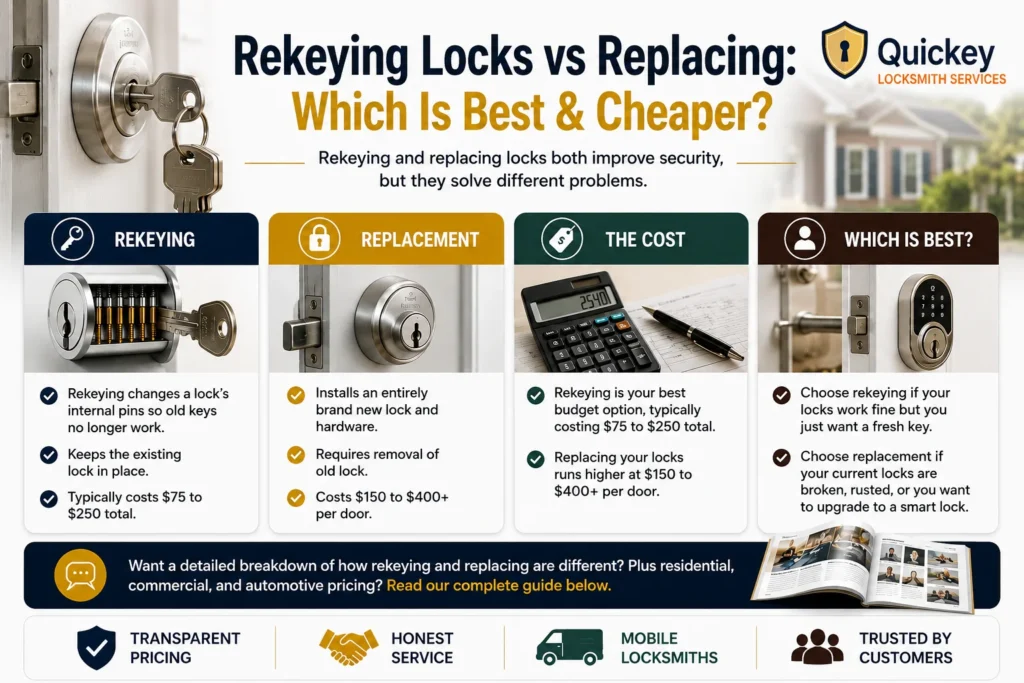 An infographic titled "Rekeying Locks vs Replacing: Which Is Best & Cheaper?" comparing lock rekeying and lock replacement for homeowners. The top section features a residential door lock with keys inserted and explains that both rekeying and replacing improve security but solve different problems. Four comparison panels are displayed beneath the heading. The first panel explains rekeying, showing a lock cylinder with internal pins and stating that rekeying changes a lock’s internal pins so old keys no longer work, keeps the existing lock in place, and typically costs $75–$250 total. The second panel explains lock replacement, showing a new door lock and noting that replacement installs entirely new lock hardware, requires removal of the old lock, and generally costs $150–$400+ per door. The third panel focuses on cost, showing a calculator and highlighting that rekeying is usually the more budget-friendly option while replacement costs more because new hardware is installed. The fourth panel answers which option is best, showing a modern smart lock and explaining that rekeying is ideal when existing locks work properly and only a fresh key is needed, while replacement is recommended for damaged, rusted, outdated, or smart lock upgrades. A banner near the bottom encourages readers to continue for a detailed breakdown of differences and residential, commercial, and automotive pricing. The footer includes icons representing transparent pricing, honest service, mobile locksmiths, and trusted customer service.