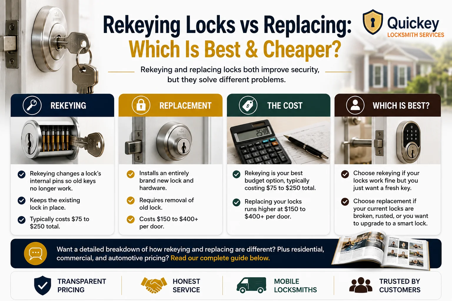 An infographic titled "Rekeying Locks vs Replacing: Which Is Best & Cheaper?" comparing lock rekeying and lock replacement for homeowners. The top section features a residential door lock with keys inserted and explains that both rekeying and replacing improve security but solve different problems. Four comparison panels are displayed beneath the heading. The first panel explains rekeying, showing a lock cylinder with internal pins and stating that rekeying changes a lock’s internal pins so old keys no longer work, keeps the existing lock in place, and typically costs $75–$250 total. The second panel explains lock replacement, showing a new door lock and noting that replacement installs entirely new lock hardware, requires removal of the old lock, and generally costs $150–$400+ per door. The third panel focuses on cost, showing a calculator and highlighting that rekeying is usually the more budget-friendly option while replacement costs more because new hardware is installed. The fourth panel answers which option is best, showing a modern smart lock and explaining that rekeying is ideal when existing locks work properly and only a fresh key is needed, while replacement is recommended for damaged, rusted, outdated, or smart lock upgrades. A banner near the bottom encourages readers to continue for a detailed breakdown of differences and residential, commercial, and automotive pricing. The footer includes icons representing transparent pricing, honest service, mobile locksmiths, and trusted customer service.