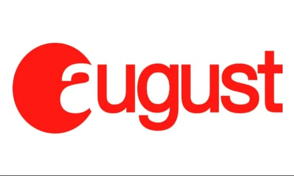 The August smart lock brand logo displayed on a white background, featuring a red circular icon with a stylized lowercase "a" alongside the brand name "august" in bold lowercase red lettering.
