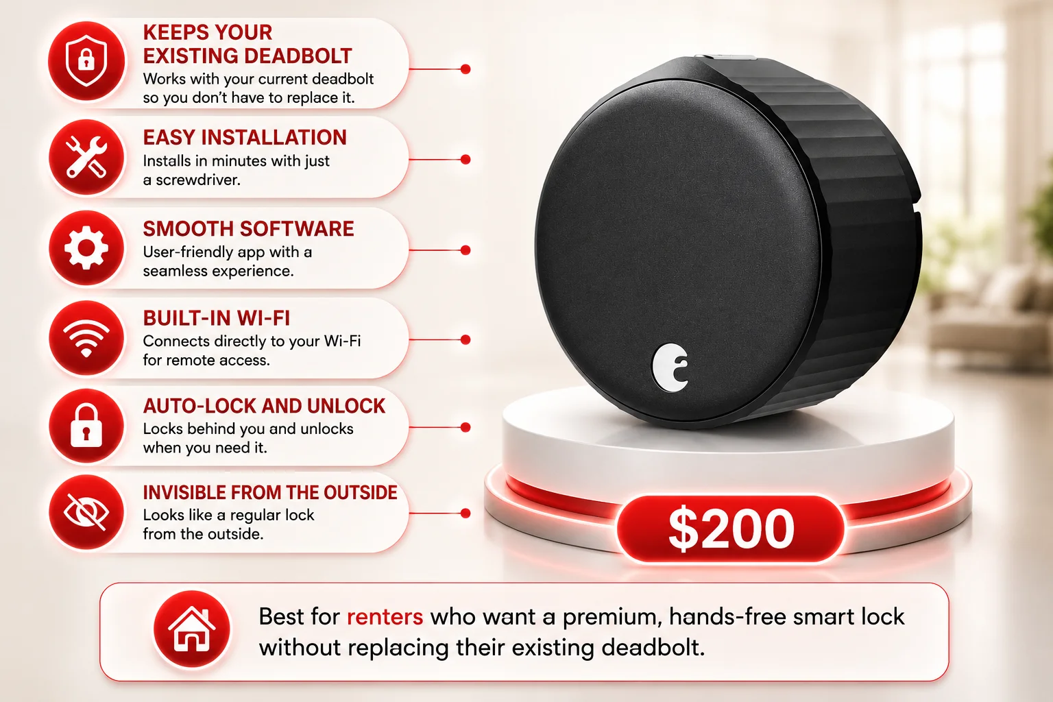An infographic highlighting the August Wi-Fi Smart Lock with a clean white background accented by bold red and black colors. The right side of the image features a realistic render of the matte black August Wi-Fi Smart Lock displayed on a modern circular podium illuminated with soft red LED lighting, making the smart lock the primary focus of the design. Unlike traditional smart locks, only the interior circular lock mechanism is shown, emphasizing that it works with an existing deadbolt rather than replacing the entire lock. A large red price tag positioned below the podium displays the price of $200. The left side of the infographic contains six rounded feature cards connected to the smart lock with thin red guide lines. Each card includes a red circular icon alongside a brief description of one of the lock's key features. The first card highlights Keeps Your Existing Deadbolt, explaining that the smart lock works with the current deadbolt so there is no need to replace it. The second feature emphasizes Easy Installation, stating that the lock can be installed in minutes using only a screwdriver. The third highlights Smooth Software, describing a user-friendly app that provides a seamless smart lock experience. The fourth promotes Built-in Wi-Fi, explaining that the lock connects directly to a home Wi-Fi network for remote access without additional hardware. The fifth feature highlights Auto-Lock and Unlock, explaining that the lock automatically secures the door behind you and unlocks when needed for hands-free convenience. The sixth feature emphasizes that the lock is Invisible from the Outside, explaining that it looks like a standard deadbolt from the exterior of the home. The product render shows a compact, circular matte black smart lock with textured ridges around its outer edge and a small August logo near the bottom, reflecting its minimalist design intended for installation on the inside of a door. The softly blurred background suggests a modern home interior, keeping the focus on the featured product. At the bottom of the infographic, a wide recommendation banner featuring a red circular icon with a white house symbol states that the August Wi-Fi Smart Lock is best for renters who want a premium, hands-free smart lock without replacing their existing deadbolt, summarizing the product's ideal use case. The overall design uses a clean layout with white, red, and black colors, realistic product renders, glowing lighting effects, and organized feature cards to clearly present the smart lock's features, pricing, and recommended audience in an easy-to-understand format.