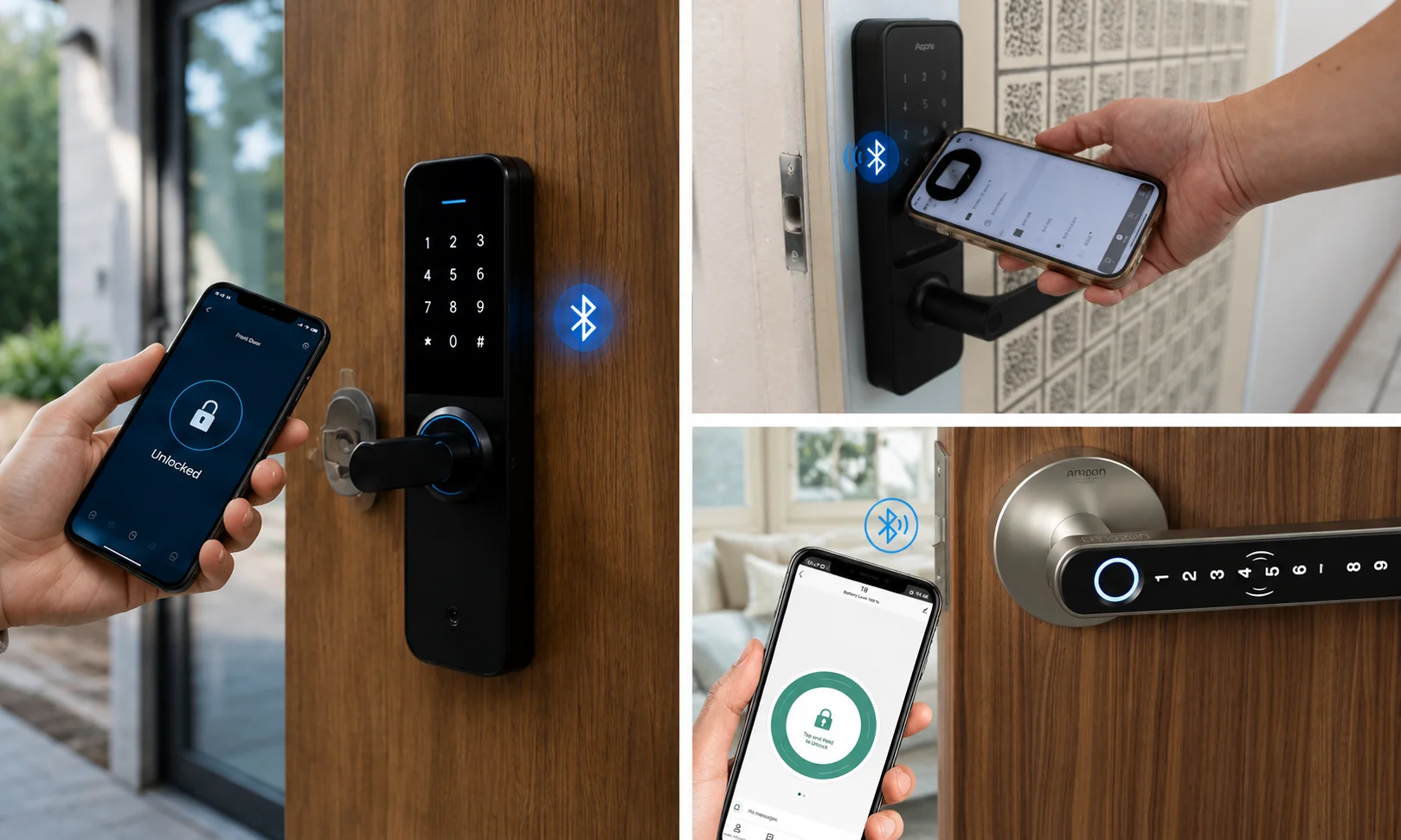 A three-panel collage showcasing Bluetooth-enabled smart locks connected to smartphones for keyless residential access. The large image on the left features a sleek black smart lock with an illuminated touchscreen keypad and horizontal lever handle installed on a wooden front door. A person holds a smartphone displaying an unlocked status beside the lock, while a glowing Bluetooth icon indicates a direct wireless connection between the phone and the smart lock. The top right image shows another black Bluetooth smart lock mounted on a white entry door as a person holds a smartphone with the lock's control interface close to the device, illustrating phone-based unlocking without physical keys. The bottom right section is divided into two smaller images: the left image shows a smartphone displaying a circular lock control screen positioned near a door with a Bluetooth symbol above it, representing close-range wireless communication, while the right image displays a modern smart lock with an integrated numeric keypad, illuminated circular indicator, and horizontal lever handle installed on a wooden door. The collage highlights different Bluetooth smart lock designs that enable secure keyless entry through direct smartphone connectivity without requiring a continuous Wi-Fi connection.
