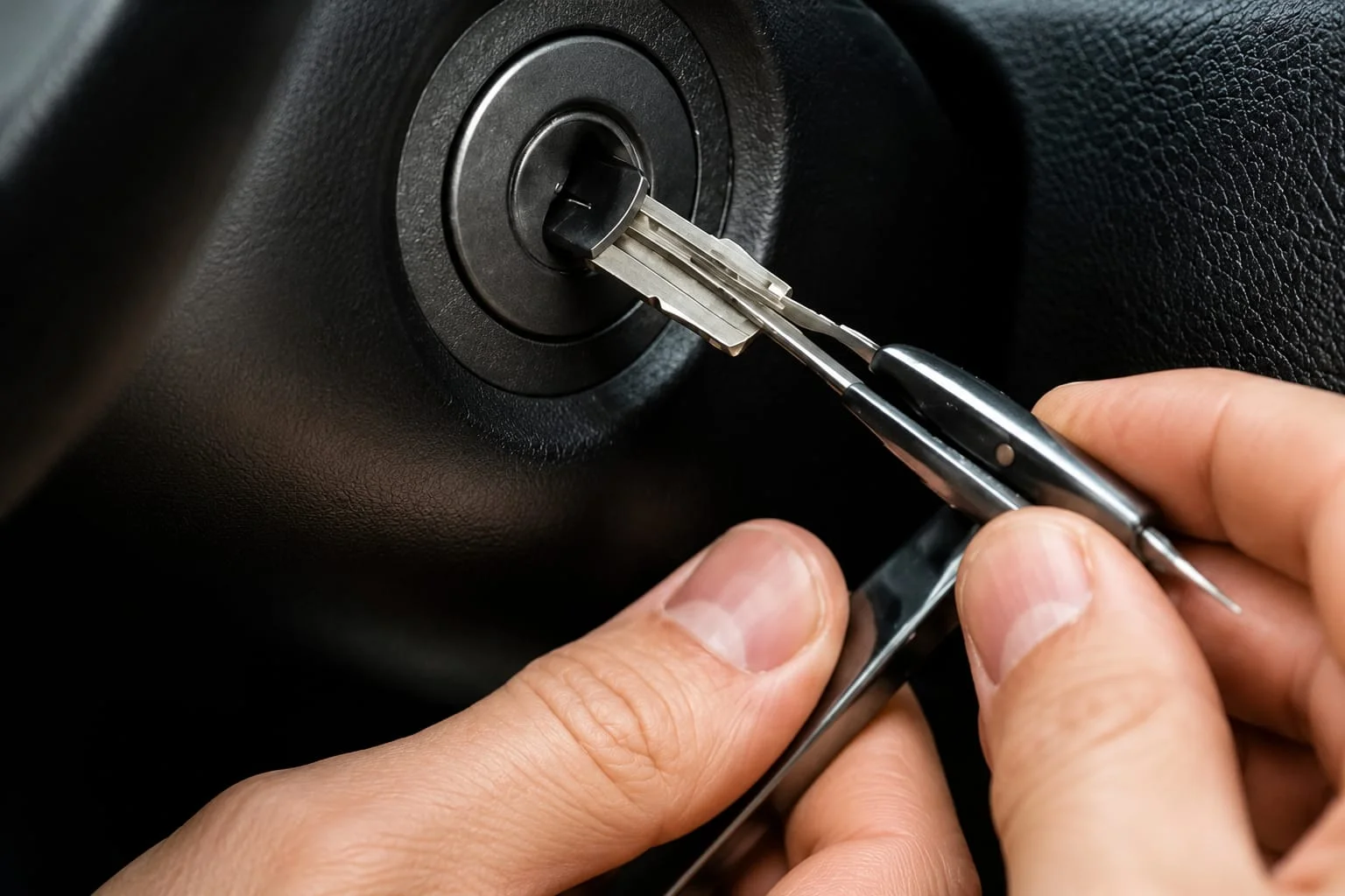 A close-up view of a professional automotive locksmith carefully removing a broken car key from a vehicle's ignition cylinder using a specialized key extraction tool. The damaged metal key remains partially inserted inside the black ignition while the technician precisely grips the broken piece with the extraction tool to prevent damage to the ignition lock. The surrounding steering column features a textured black finish, and the locksmith's hands are shown performing the delicate removal process with accuracy and control. The detailed focus highlights the precision required to safely extract a broken key without harming the ignition system. The image represents a professional broken car key replacement service, including safe key extraction, ignition protection, and the creation of a new working replacement key for the vehicle.