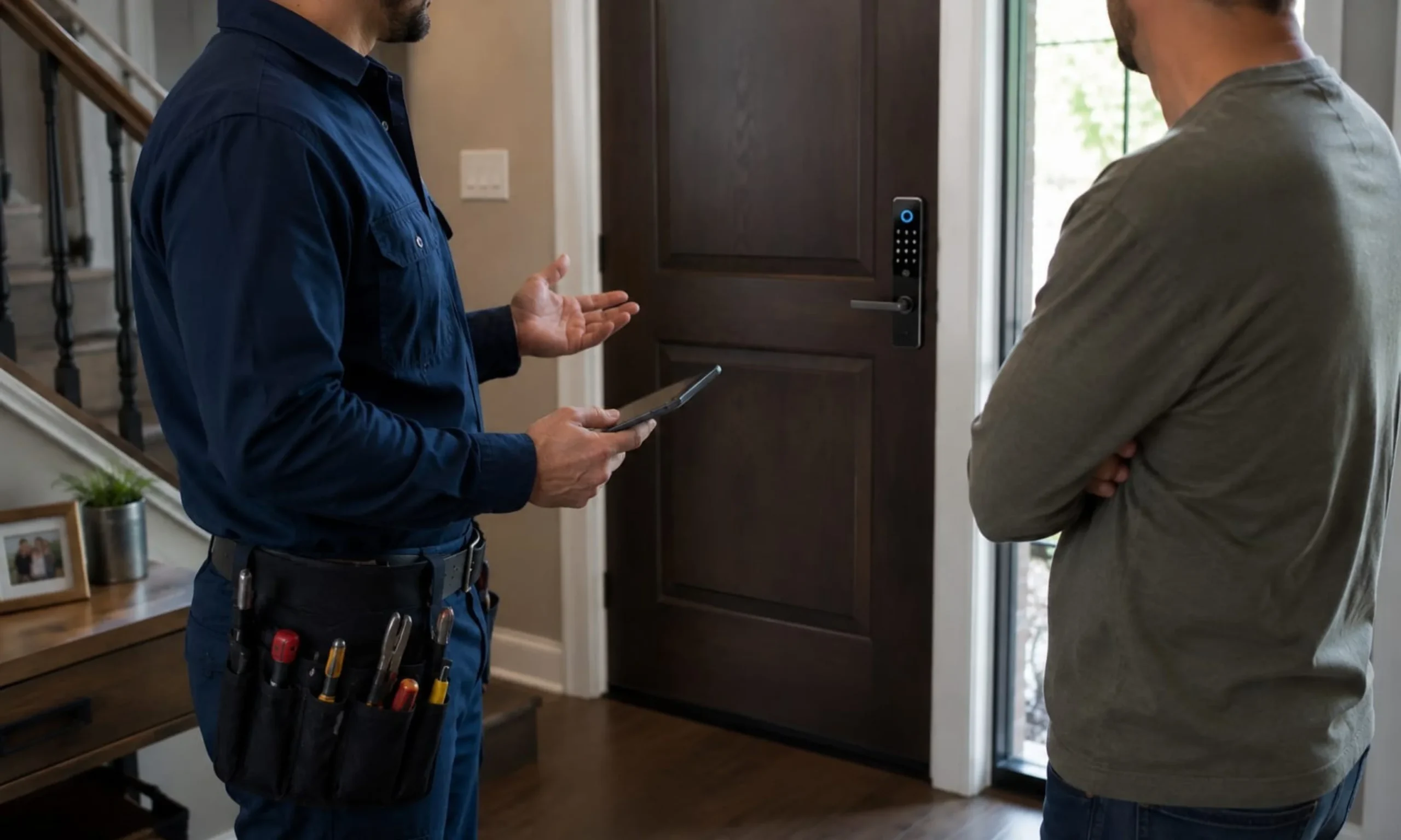 A professional locksmith stands inside a modern home, explaining the features and operation of a newly installed smart lock to the homeowner during a post-installation walkthrough. The locksmith, wearing a navy blue work uniform with a tool belt and holding a mobile device, gestures toward the dark wooden front door fitted with a sleek black smart lock featuring an illuminated keypad and lever handle. The homeowner stands nearby facing the entrance, listening as the locksmith demonstrates how to use the smart lock, mobile app, access codes, and essential features. The bright residential entryway, staircase, wooden flooring, and contemporary interior create a welcoming home environment, while the scene highlights personalized customer guidance to ensure the homeowner can confidently operate and manage their new smart lock system.