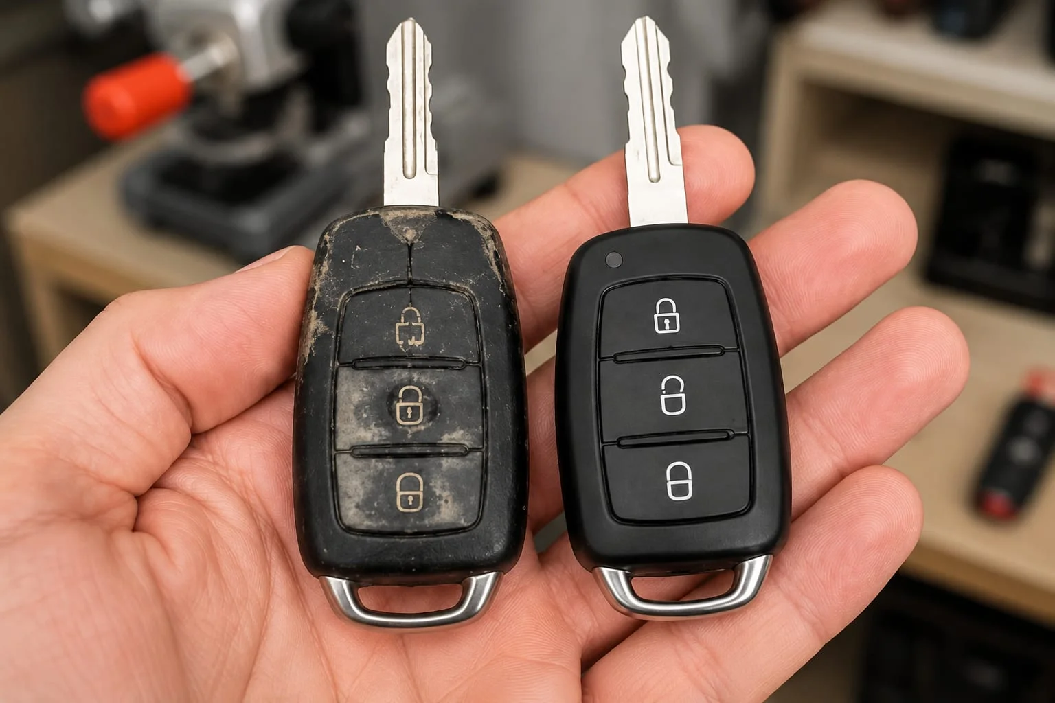 A close-up view of a person's hand holding two car remote keys side by side for comparison. The key on the left is an old, heavily worn car key with visible scratches, faded button icons, dirt buildup, and signs of long-term use, while the key on the right is a brand-new replacement key with a clean black casing, clearly marked lock and unlock buttons, and an unused metal key blade. Both keys have similar shapes, highlighting the replacement of a damaged or worn-out key with a new working version. The blurred background shows a locksmith workshop with key cutting equipment and tools, indicating a professional automotive locksmith service. The image represents damaged and worn-out car key replacement, showing how an old, unreliable vehicle key can be replaced with a new, fully functional key to restore dependable access and everyday vehicle use.
