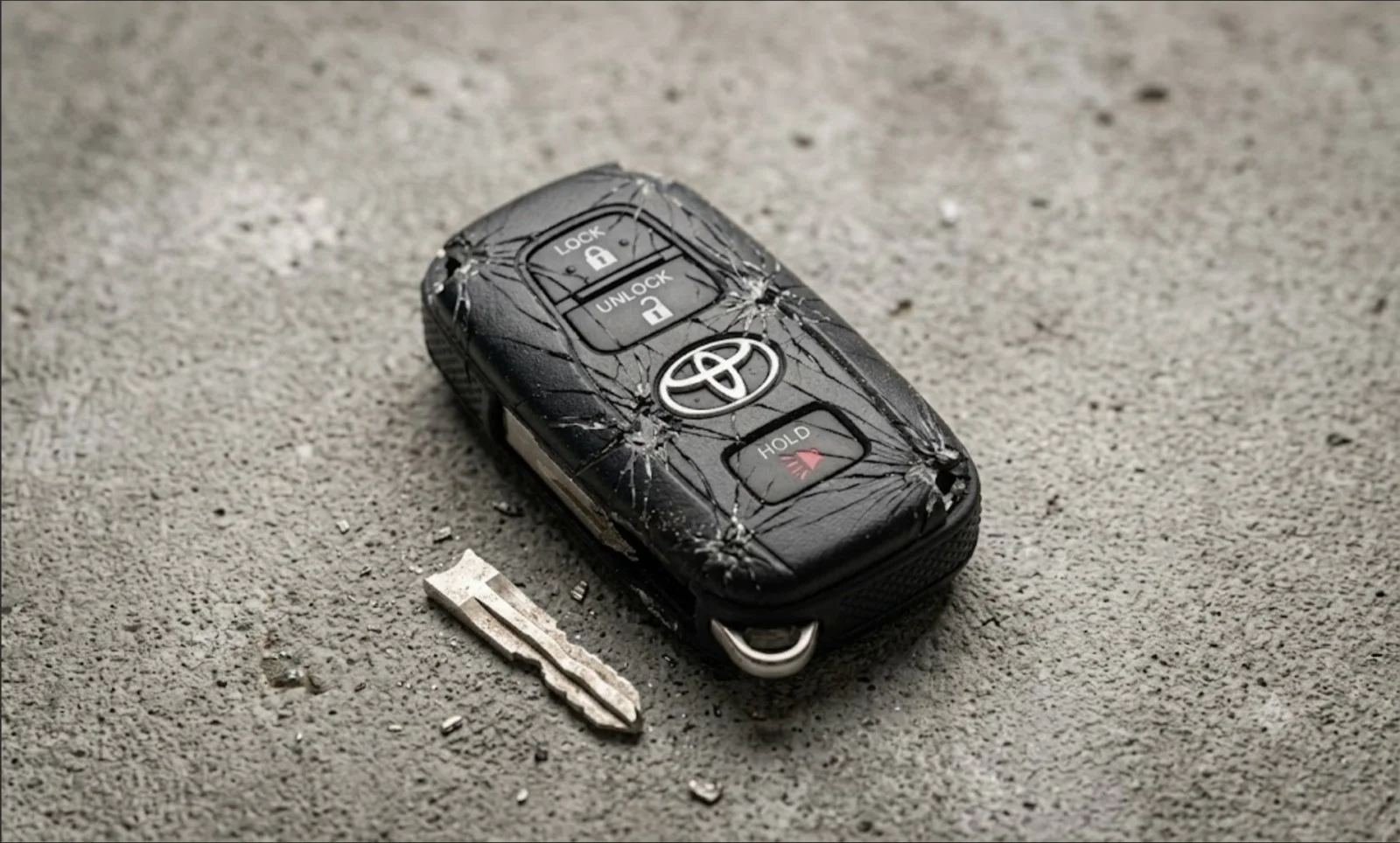 A close-up of a damaged Toyota smart key fob resting on a rough concrete surface beside its detached metal key blade. The black key fob features the Toyota logo along with lock, unlock, and panic buttons, while multiple deep cracks, impact marks, and surface damage are visible across the casing. The separated key blade and worn condition of the remote clearly indicate a broken and no longer fully functional Toyota car key requiring replacement.