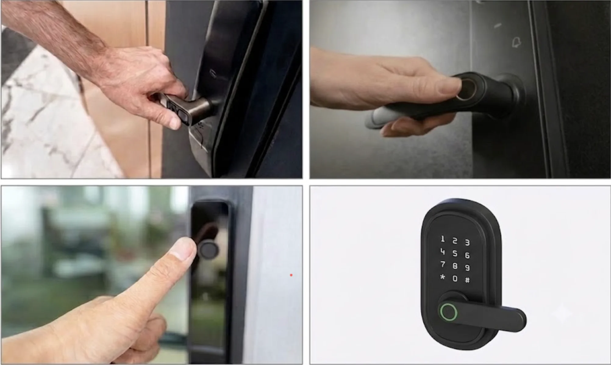 A four-panel collage displaying fingerprint smart locks installed on modern residential doors. The top left image shows a person placing their thumb on the integrated fingerprint scanner built into a sleek black door handle attached to a contemporary smart lock. The top right image features another hand gripping a matte black smart lock lever with a circular fingerprint sensor positioned at the end of the handle for biometric access. The bottom left image shows a close-up of a finger touching a round fingerprint reader on a slim rectangular smart lock mounted beside a glass door, demonstrating touch-based authentication. The bottom right image presents a standalone illustration of a black fingerprint smart lock with a built-in numeric keypad, horizontal lever handle, and a circular fingerprint scanner highlighted with a green illuminated ring. The collage showcases different fingerprint-enabled smart lock designs designed for secure, keyless residential entry using biometric authentication.