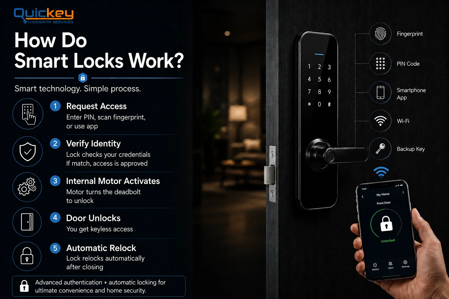 An infographic titled "How Do Smart Locks Work?" by Quickey Locksmith Services. The left side explains the smart lock process in five illustrated steps with matching icons: (1) Request Access by entering a PIN, scanning a fingerprint, or using a mobile app; (2) Verify Identity, where the lock checks the user's credentials before granting access; (3) Internal Motor Activates, turning the deadbolt electronically; (4) Door Unlocks, providing keyless entry without using a physical key; and (5) Automatic Relock, where the door locks itself again after closing. The right side features a realistic black smart lock installed on a modern dark wooden door, alongside icons representing supported access methods including fingerprint recognition, PIN code, smartphone app, Wi-Fi connectivity, and a physical backup key. At the bottom-right, a hand holds a smartphone displaying an unlocked smart lock interface, while a banner along the bottom highlights that advanced authentication and automatic locking provide greater convenience and home security. The overall design uses a dark blue and black color scheme with white text and realistic smart home visuals.