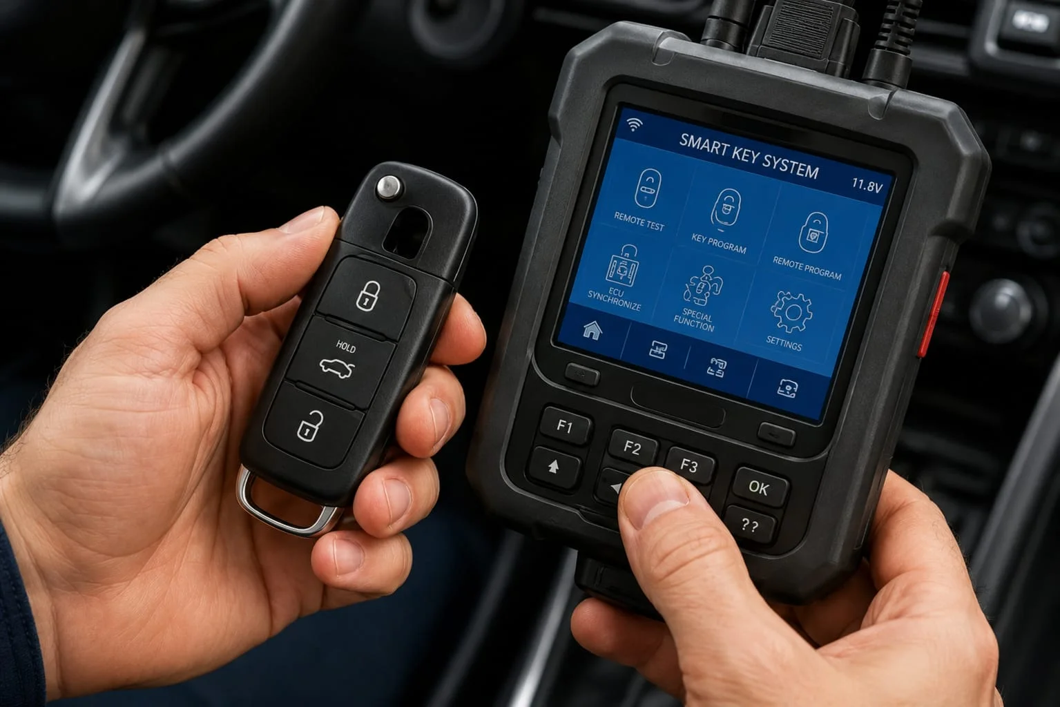 A close-up view of a technician holding a black smart key fob in one hand while using a professional key programming and diagnostic device inside a vehicle. The technician is pressing the programming controls on the handheld tool, whose screen displays options for smart key testing, key programming, remote programming, ECU synchronization, and system settings. The smart key fob features lock, unlock, and trunk release buttons, indicating it is being tested or programmed for proper operation. The blurred vehicle steering wheel and dashboard in the background show the work is being performed inside the car. The image represents professional diagnosis and programming of a malfunctioning key fob or smart key, helping restore reliable remote access and vehicle functionality with a properly programmed replacement when needed.