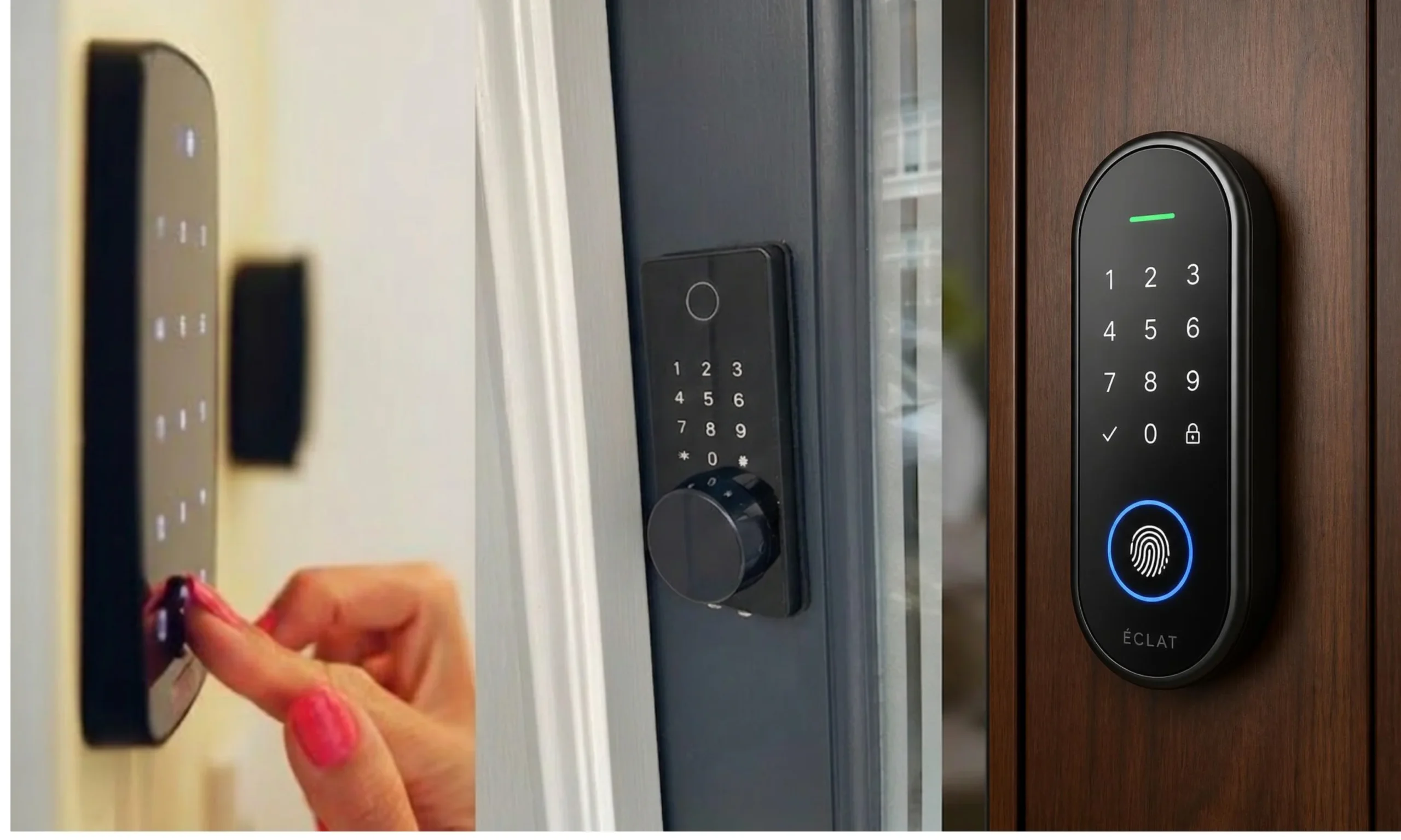 A three-panel collage showcasing keyless entry smart locks installed on residential doors with different digital access methods. The left image features a close-up of a person touching the illuminated touchscreen keypad of a slim black smart lock mounted on a light-coloured door, demonstrating PIN code entry. The centre image shows a modern matte black smart lock with an integrated numeric keypad and a round interior thumb turn installed on a dark-framed glass entry door, highlighting its clean, minimalist design. The right image displays a sleek oval-shaped black smart lock mounted on a dark wooden door, featuring an illuminated touchscreen keypad, a glowing fingerprint scanner with a blue LED ring near the bottom, and a green status indicator at the top. The collage illustrates different keyless entry smart lock designs that provide secure access through digital methods such as touch keypads and biometric fingerprint authentication, eliminating the need for traditional physical keys.