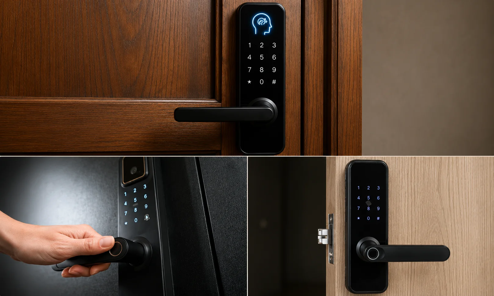 A three-panel collage showcasing modern keypad smart locks installed on residential doors. The top image features a sleek black smart lock mounted on a dark wooden door with a horizontal lever handle and an illuminated touchscreen keypad displaying numbers and a glowing access icon at the top. The bottom left image shows a person holding the smart lock's lever handle while the illuminated keypad is visible above it on a dark-colored door, highlighting the touch-sensitive controls and integrated handle design. The bottom right image displays another black keypad smart lock installed on a light wood door with the door partially open, revealing the extended latch bolt and the slim rectangular lock body with a backlit numeric keypad. The collage highlights contemporary keyless entry hardware with touchscreen PIN access, modern lever handles, and clean residential door installations.