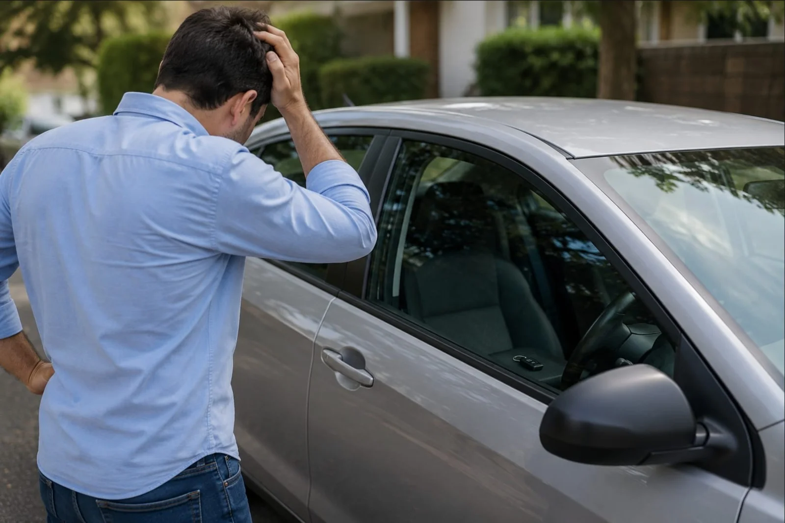 A close-up rear view of a person standing beside a silver Toyota sedan with one hand resting on the back of their head, appearing concerned while looking through the closed driver's side window after being locked out. A black Toyota smart key fob is clearly visible resting on the driver's seat inside the locked vehicle, indicating the keys have been left inside the car. The vehicle's side mirror, door handle, windows, and steering wheel are visible through the glass, while a residential neighborhood with green trees and neatly trimmed bushes creates a softly blurred background. The image illustrates a Toyota vehicle lockout situation where the smart key has been accidentally left inside the locked car, requiring professional locksmith assistance to safely regain access without damaging the vehicle.