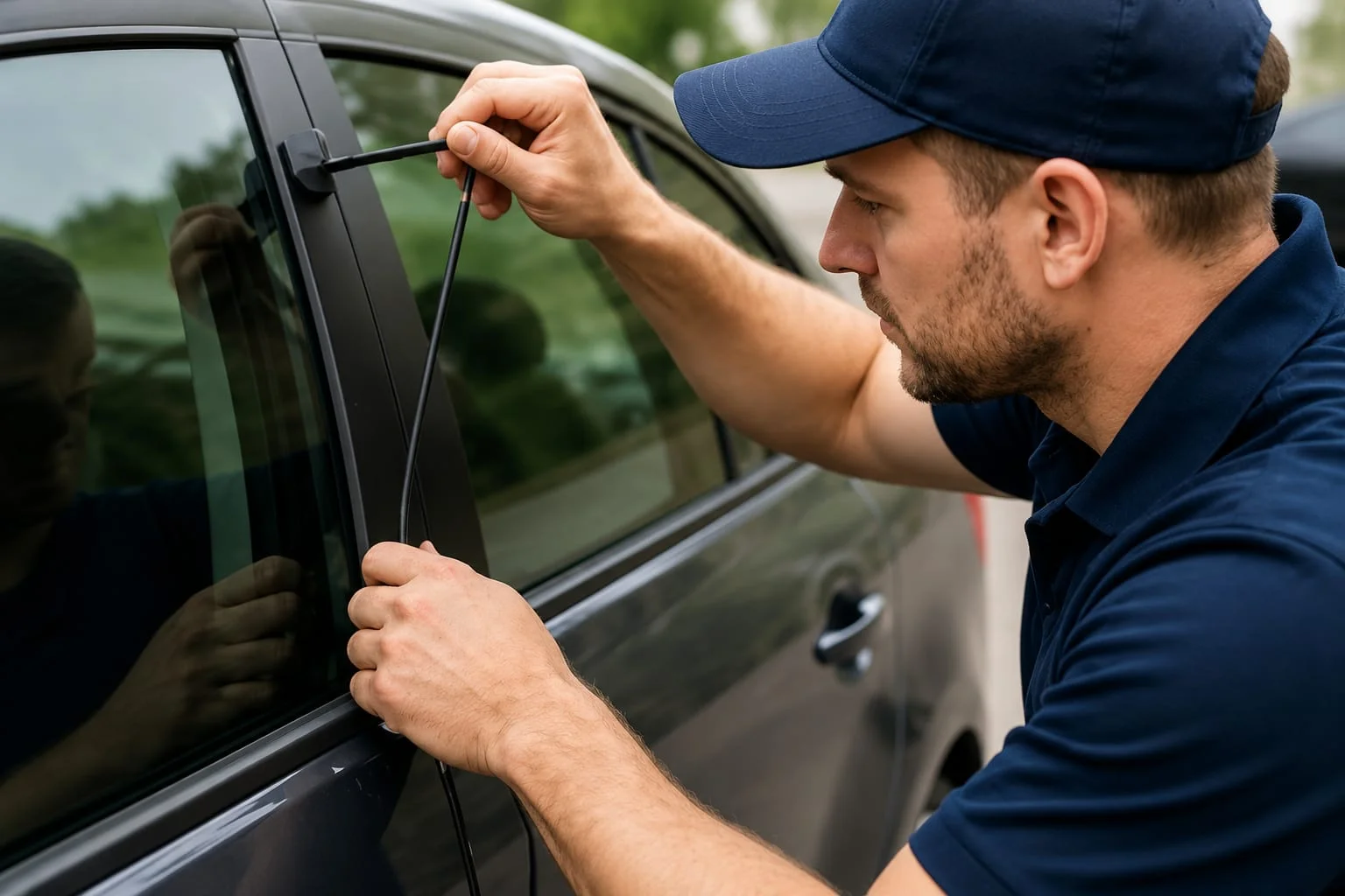 A close-up side view of a professional automotive locksmith assisting with a car lockout by using a specialized long-reach lockout tool on the driver's side door of a dark gray vehicle. The technician is wearing a navy blue polo shirt and a matching baseball cap while concentrating on carefully guiding the slim black tool between the window glass and the weather stripping near the upper corner of the door. His other hand steadies the tool as he works with precision to safely unlock the vehicle without causing damage to the door or window. The car's tinted side window reflects the technician and the surrounding outdoor environment, while the blurred green background suggests the service is being performed on-site during daylight. The image represents a professional car lockout service, demonstrating non-destructive vehicle entry, expert handling of automotive lockout tools, and reliable assistance for drivers who have accidentally locked their keys inside the car or need access before receiving a replacement car key.
