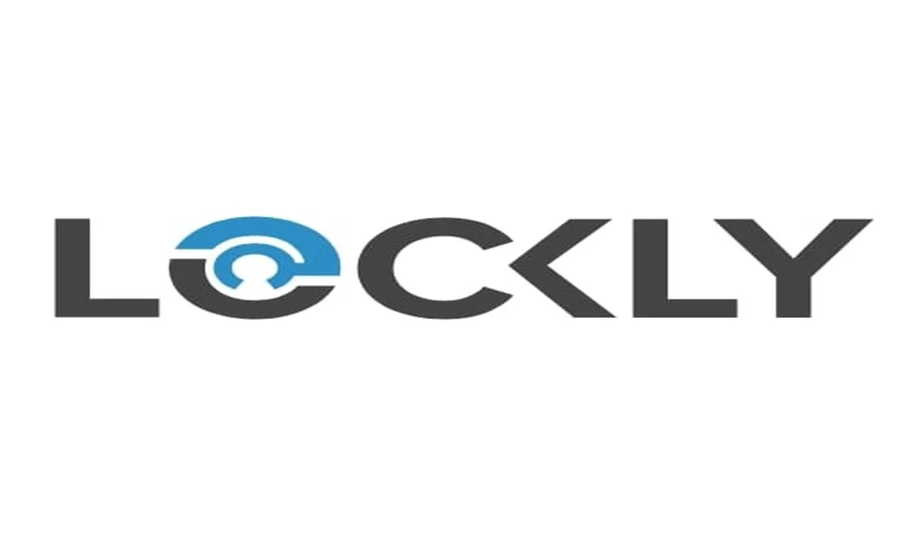 The Lockly logo displayed on a white background, featuring the brand name in bold black uppercase letters with a stylized "O" formed by blue and black segmented circular shapes surrounding a white keyhole icon.