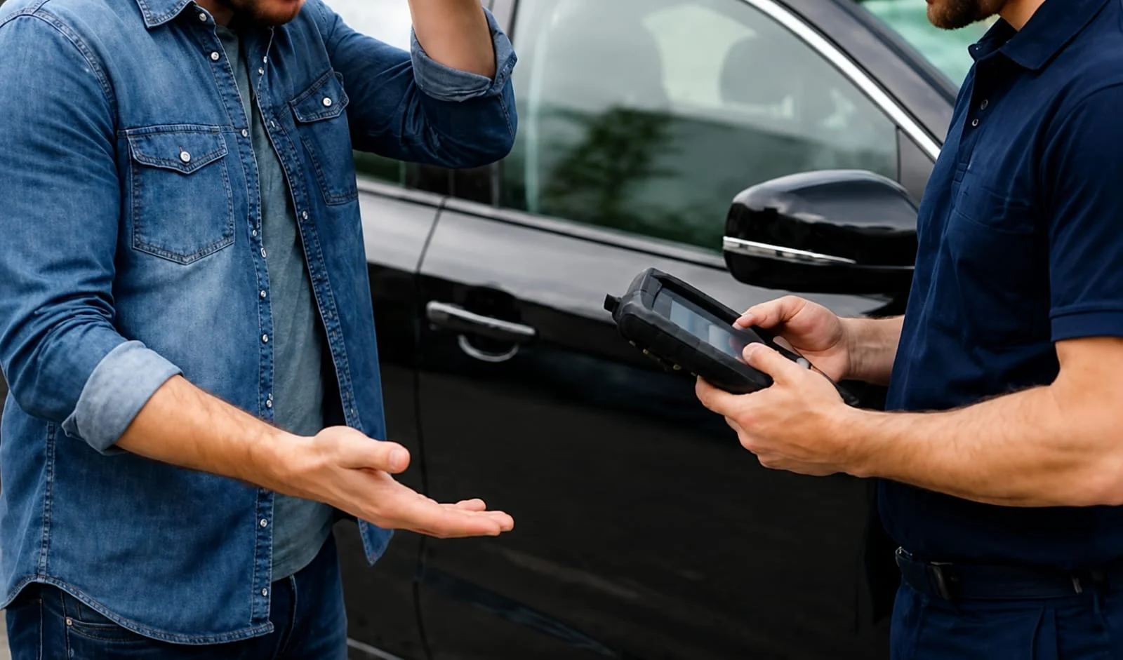 A close-up outdoor view of a professional automotive locksmith assisting a customer with a lost car key replacement beside a modern black vehicle. The customer, wearing a light blue denim jacket over a gray shirt, gestures with one hand while speaking to the locksmith, expressing the need for assistance after losing the only car key. The locksmith, dressed in a dark blue work uniform, holds a professional handheld automotive key programming and diagnostic device while assessing the vehicle and preparing the replacement process. The black car features a glossy exterior, body-colored side mirror, and visible door handle, with the two individuals standing beside the driver's side door in daylight. The image represents a professional lost car key replacement service, highlighting expert vehicle assessment, key programming, and reliable roadside locksmith assistance for drivers who no longer have their original key.
