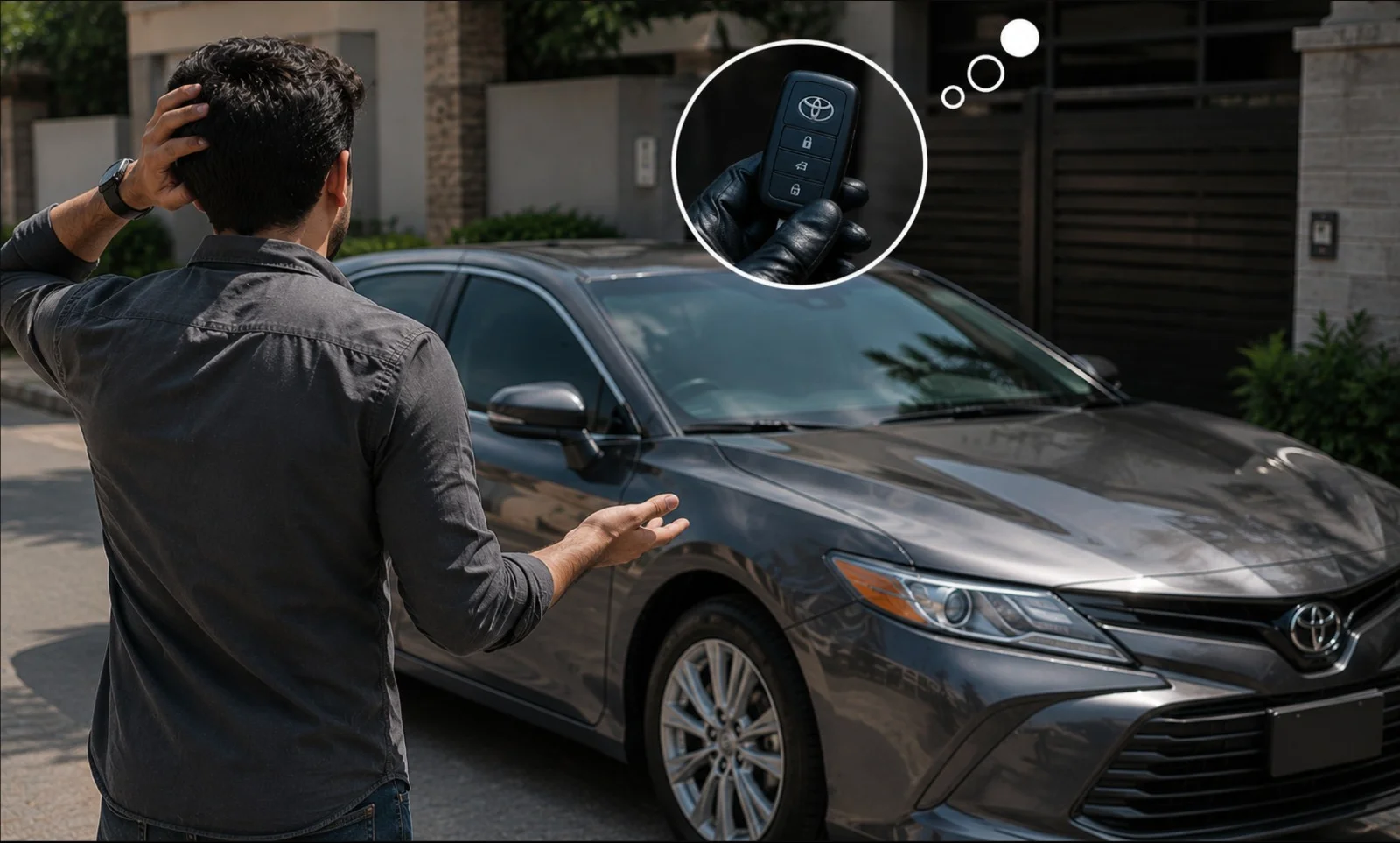A rear view of a person standing beside a dark gray Toyota sedan parked in a residential driveway, raising one hand to the back of his head while extending the other hand in a confused and frustrated gesture, suggesting he has misplaced his vehicle key. A circular inset graphic in the upper right corner displays a close-up of a black Toyota smart key fob held in a black gloved hand, connected to the person by a thought bubble illustrating that he is thinking about his missing key. The Toyota vehicle's front grille, emblem, headlights, windshield, and side profile are clearly visible, with modern residential homes and greenery forming the background. The image represents a lost Toyota key situation where the vehicle owner no longer has access to the original smart key and requires a professional replacement.