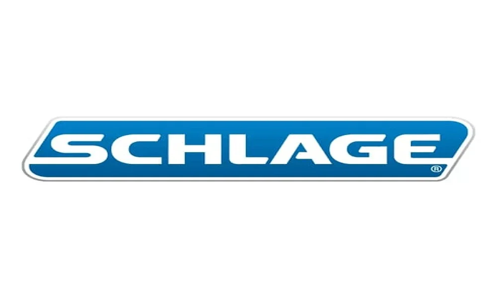 The Schlage logo displayed on a white background, featuring the brand name in bold white uppercase letters inside a blue rounded rectangular banner with a thin gray outline.
