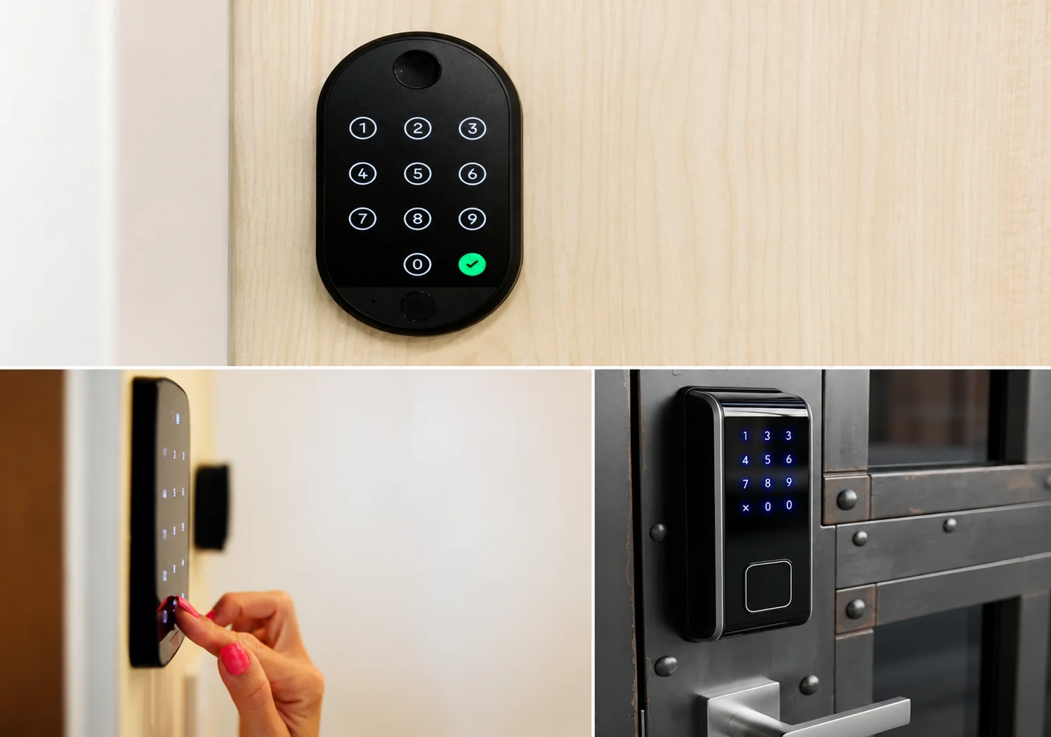 A collage showing three modern smart deadbolt locks installed on residential doors. The top image features a black smart deadbolt with a touchscreen numeric keypad mounted on a light wood door. The bottom left image shows a person entering a code by touching the illuminated keypad of a wall-mounted smart lock with their fingertip. The bottom right image displays a black smart deadbolt with a blue backlit touchscreen keypad and a built-in fingerprint reader installed above a silver lever handle on a dark metal door. The image highlights different smart deadbolt lock designs with keyless entry interfaces for secure residential access.