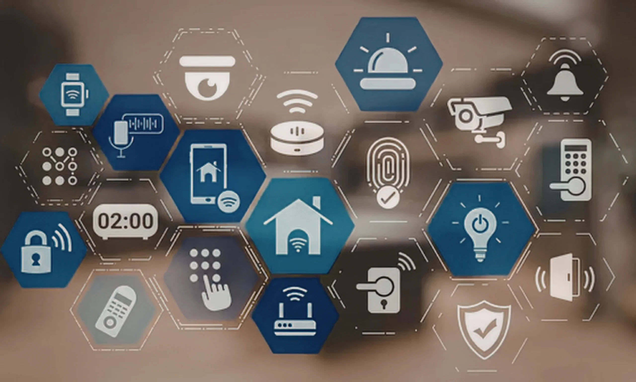 A conceptual illustration of a connected smart home ecosystem displayed through interconnected blue, white, and gray hexagonal icons arranged over a softly blurred indoor background. The icons represent a smart lock, smartphone app control, connected home, Wi-Fi router, fingerprint authentication, voice assistant, smartwatch, security camera, alarm siren, keypad access, wireless door sensor, lighting control, remote control, security shield, timer, and notification alerts. Thin connecting lines link each icon together, visually demonstrating communication between compatible smart devices within a modern home automation system. The clean, technology-focused design illustrates how compatible smart locks can seamlessly integrate with supported smart home platforms, enabling centralized control, remote access, automation, and enhanced home security through connected devices.