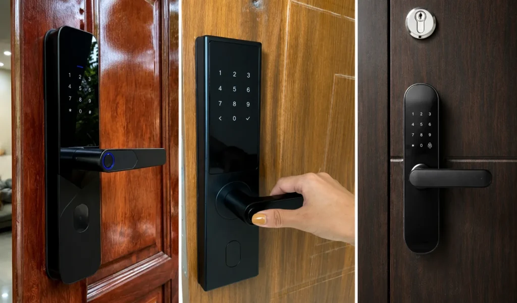 A three-panel collage showcasing modern smart lever locks installed on residential wooden entry doors. The left image features a sleek black smart lever lock mounted on a polished dark wood door, with an illuminated touchscreen keypad, a horizontal lever handle, a circular blue LED ring around the handle, and a small sensor positioned near the bottom of the lock body. The centre image shows another matte black smart lever lock installed on a light wood door, with a person gripping the horizontal lever handle while the touch keypad above displays illuminated numeric buttons, demonstrating the lock in everyday use. The right image displays a slim black smart lever lock fitted to a dark wooden door beneath a traditional deadbolt, featuring a minimalist touchscreen keypad with illuminated numbers and a modern horizontal lever handle. The collage highlights different smart lever lock designs with integrated touch keypads and contemporary handle-style hardware, illustrating modern keyless entry solutions for residential doors.