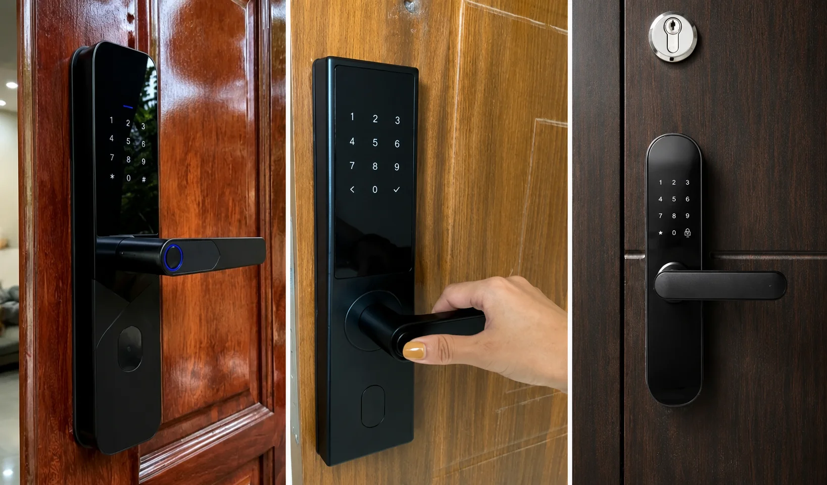 A three-panel collage showcasing modern smart lever locks installed on residential wooden entry doors. The left image features a sleek black smart lever lock mounted on a polished dark wood door, with an illuminated touchscreen keypad, a horizontal lever handle, a circular blue LED ring around the handle, and a small sensor positioned near the bottom of the lock body. The centre image shows another matte black smart lever lock installed on a light wood door, with a person gripping the horizontal lever handle while the touch keypad above displays illuminated numeric buttons, demonstrating the lock in everyday use. The right image displays a slim black smart lever lock fitted to a dark wooden door beneath a traditional deadbolt, featuring a minimalist touchscreen keypad with illuminated numbers and a modern horizontal lever handle. The collage highlights different smart lever lock designs with integrated touch keypads and contemporary handle-style hardware, illustrating modern keyless entry solutions for residential doors.