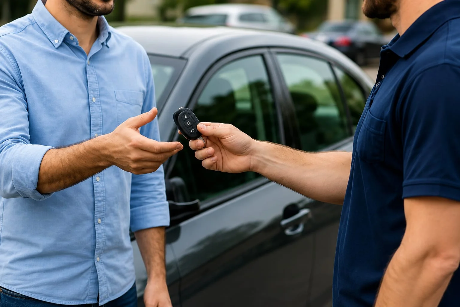 A close-up outdoor view of a professional automotive locksmith handing a newly created spare car key fob to a customer beside a parked black vehicle. The customer, wearing a light blue button-up shirt, extends a hand to receive the replacement remote key while the locksmith, dressed in a dark blue work uniform, presents the key fob after completing the duplication process. The modern key fob features integrated lock, unlock, and trunk release buttons, while the black vehicle remains visible in the background with its side windows and door clearly shown. The interaction highlights the successful completion of a spare car key service, allowing the customer to keep an extra working key for added convenience, security, and protection against future lockouts or lost keys.