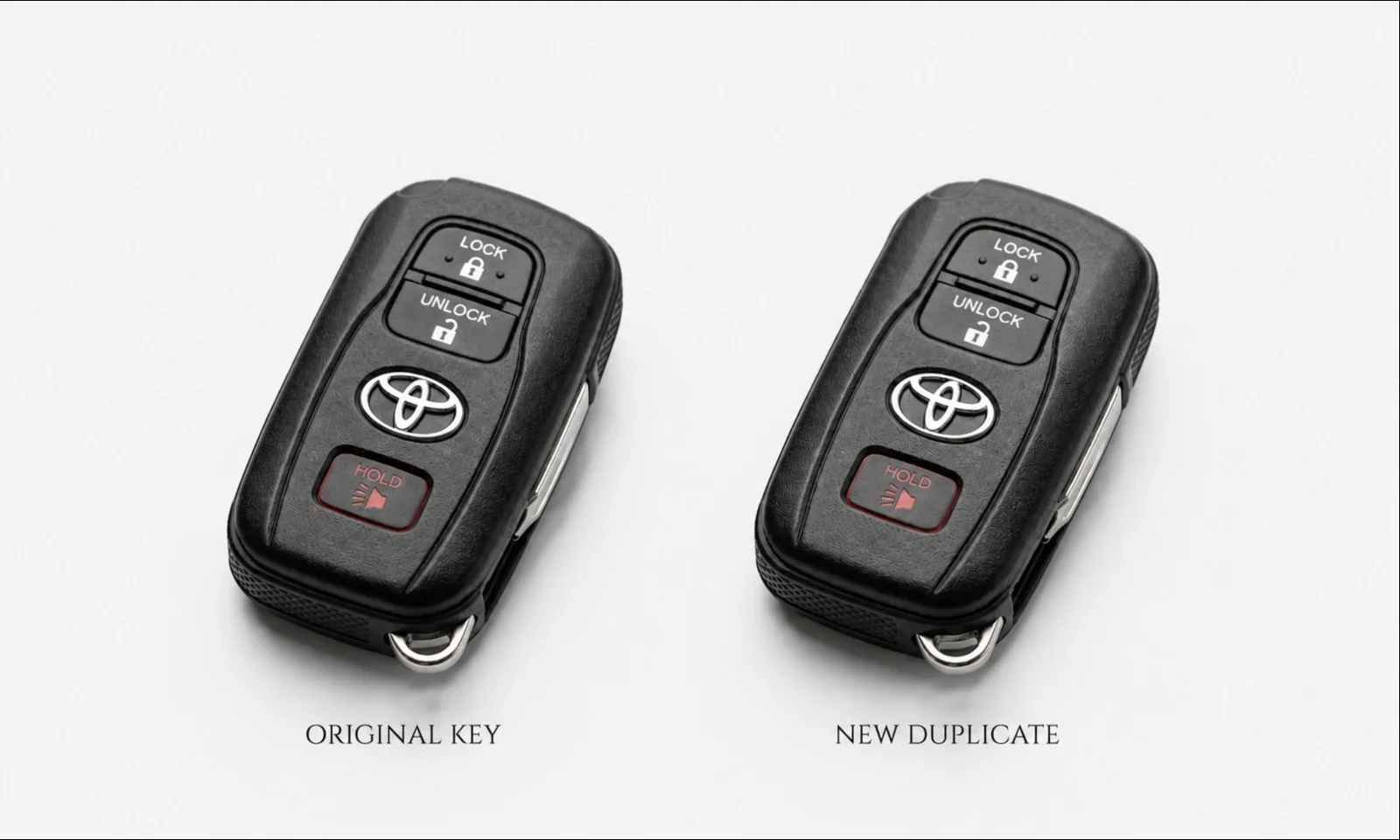 A close-up comparison image displaying two identical black Toyota smart key fobs placed side by side against a clean white background. The key fob on the left is labeled "Original Key", while the matching key fob on the right is labeled "New Duplicate." Both smart keys feature the silver Toyota logo in the center, dedicated lock and unlock buttons at the top, a red panic button near the bottom, and integrated emergency key slots along the side. The side-by-side layout highlights the visual similarity between the original Toyota smart key and its newly duplicated replacement, demonstrating a professionally matched spare key with the same design and button configuration.