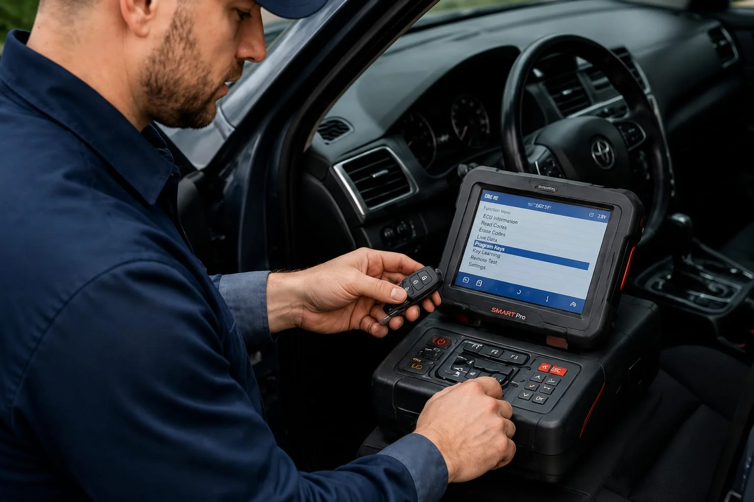 A close-up view of a professional automotive locksmith programming a replacement car key inside a vehicle using an advanced key programming and diagnostic device. The technician is seated beside the open driver's door, holding a black remote key fob in one hand while operating the programming equipment with the other. The device screen displays vehicle key programming functions, indicating the new key is being configured to communicate with the vehicle's security system. The car's steering wheel, dashboard, center console, and driver's seat are visible in the background, showing the work is being completed inside the vehicle. The image represents professional stolen car key replacement, where a new key is programmed to restore secure vehicle access after the original key has been lost or stolen, helping improve security and ensure the replacement key functions properly with the vehicle's locking and ignition system.