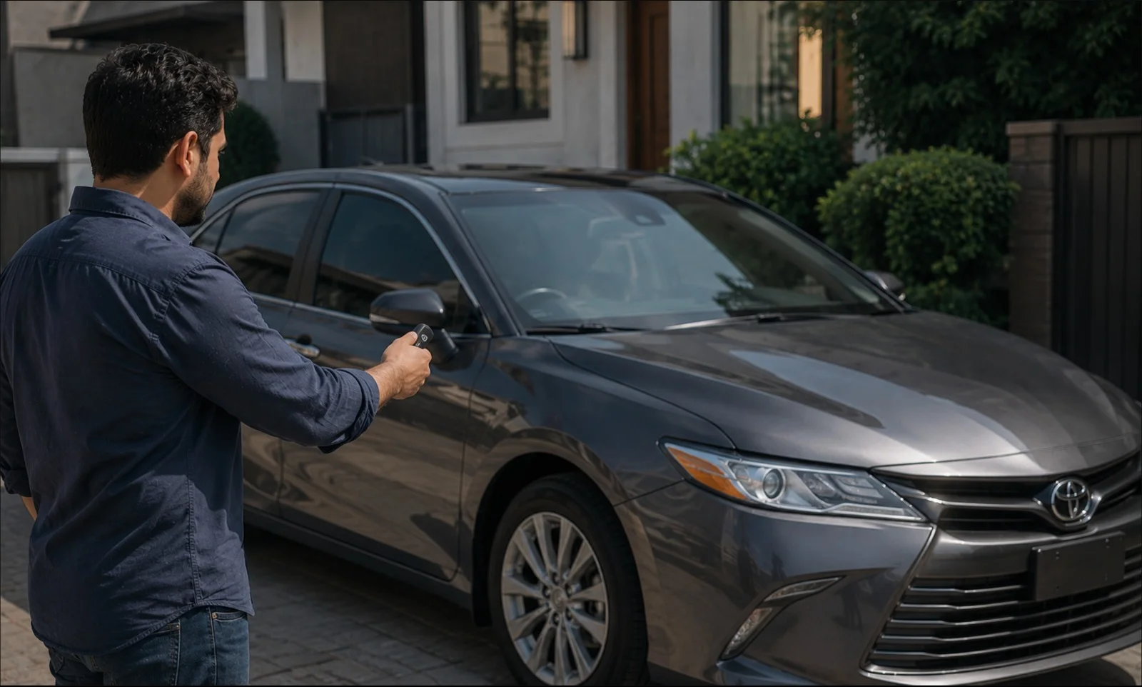 A rear-side view of a person standing beside a parked grey Toyota sedan while holding a smart key fob aimed toward the vehicle. The individual is positioned in the foreground with their arm extended toward the driver's side door, suggesting an attempt to lock, unlock, or access the vehicle remotely. The Toyota car is parked in the driveway of a residential home, with the front grille, headlights, side mirror, and Toyota emblem clearly visible. The image illustrates a situation where a Toyota smart key or key fob is being used but may not be responding properly, representing remote key access issues that can require diagnosis, repair, or replacement.