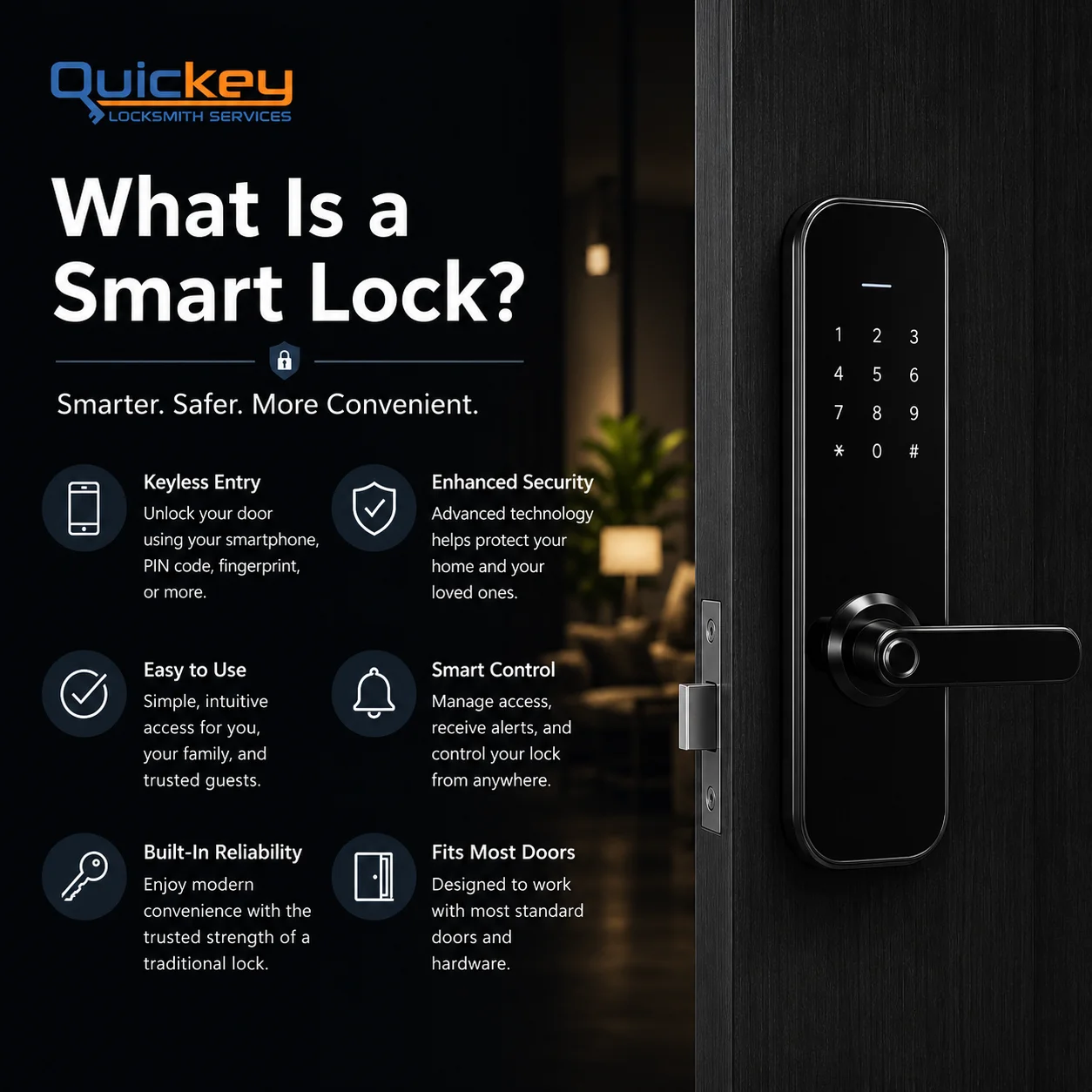An infographic titled "What Is a Smart Lock?" with the Quickey Locksmith Services logo displayed in the top-left corner. The design uses a dark blue and black theme with white text and blue accent lines. The left side contains the main heading, followed by the tagline "Smarter. Safer. More Convenient." Below it are six illustrated feature blocks arranged in two columns with circular icons. The first explains Keyless Entry, showing that a smart lock can be unlocked using a smartphone, PIN code, fingerprint, or other supported methods. The second highlights Enhanced Security, explaining that advanced technology helps protect the home and family. The third feature, Easy to Use, describes simple and intuitive access for homeowners, family members, and trusted guests. The fourth, Smart Control, explains that users can manage access, receive alerts, and control the lock remotely. The fifth feature, Built-In Reliability, emphasizes modern convenience while maintaining the dependable security of a traditional lock. The sixth feature, Fits Most Doors, states that many smart locks are designed to work with standard residential doors and existing hardware. The entire right side of the infographic features a realistic close-up of a modern black smart lock with a touchscreen keypad and lever handle installed on a dark wooden door. In the softly blurred background, a warm, modern home interior is visible with ambient lighting and a green houseplant, reinforcing the idea of smart home security and convenience.