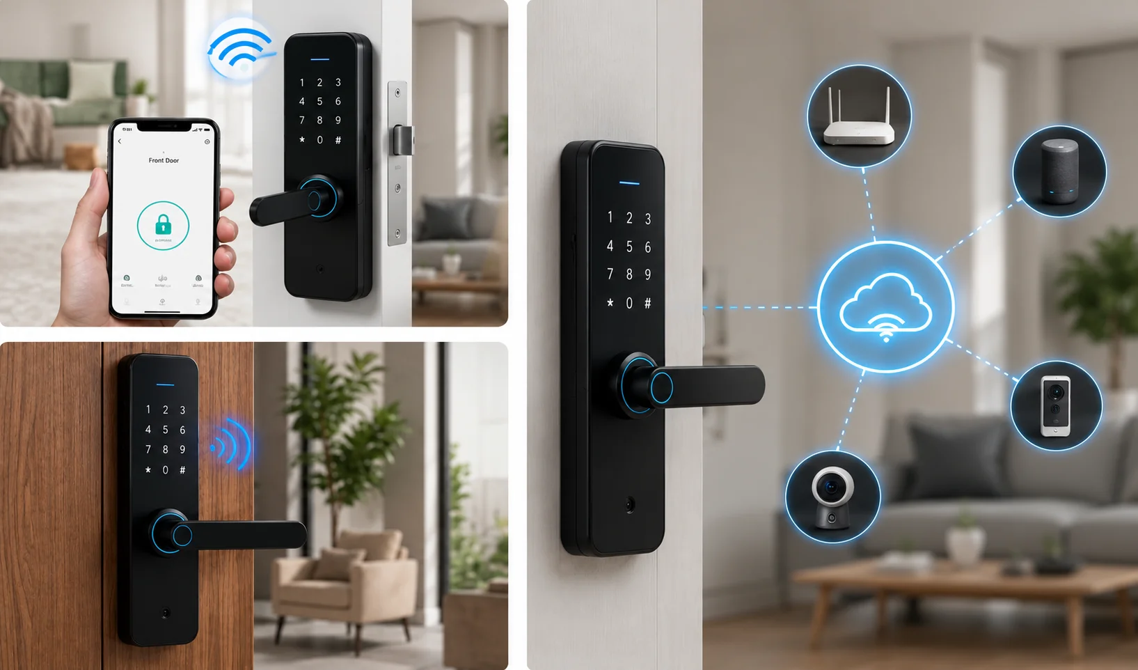 A three-panel collage featuring Wi-Fi-enabled smart locks installed on residential doors with connected smart home functionality. The top left image shows a modern black smart lock with a touchscreen keypad and lever handle mounted on a white door, alongside a smartphone displaying a lock control interface with a secure lock icon, while a blue Wi-Fi symbol indicates wireless connectivity. The bottom left image presents another Wi-Fi smart lock installed on a wooden door, featuring an illuminated numeric keypad, a horizontal lever handle, and a blue wireless signal icon beside the lock. The large image on the right highlights a sleek black Wi-Fi smart lock mounted on a white door, with a cloud connectivity graphic linked to various smart home devices, including a wireless router, smart speaker, video doorbell, and indoor security camera, illustrating integration with a connected home system. The collage showcases modern Wi-Fi smart locks designed for remote access, wireless connectivity, and seamless smart home integration.