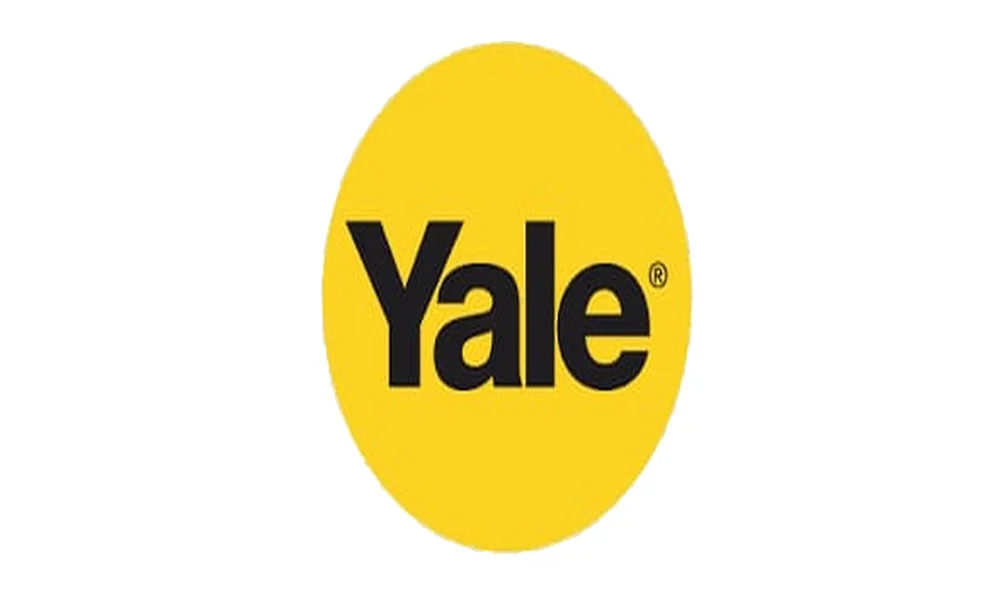 The Yale logo displayed as bold black "Yale" lettering centered inside a bright yellow oval on a plain white background.
