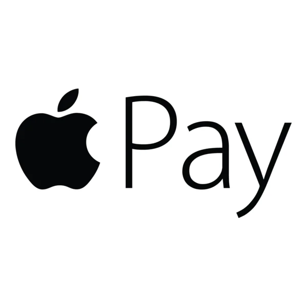 The Apple Pay logo displayed on a white background, featuring a solid black Apple symbol with a visible bite on its right side and a leaf above it, positioned to the left of the word "Pay" in large, thin black lettering.