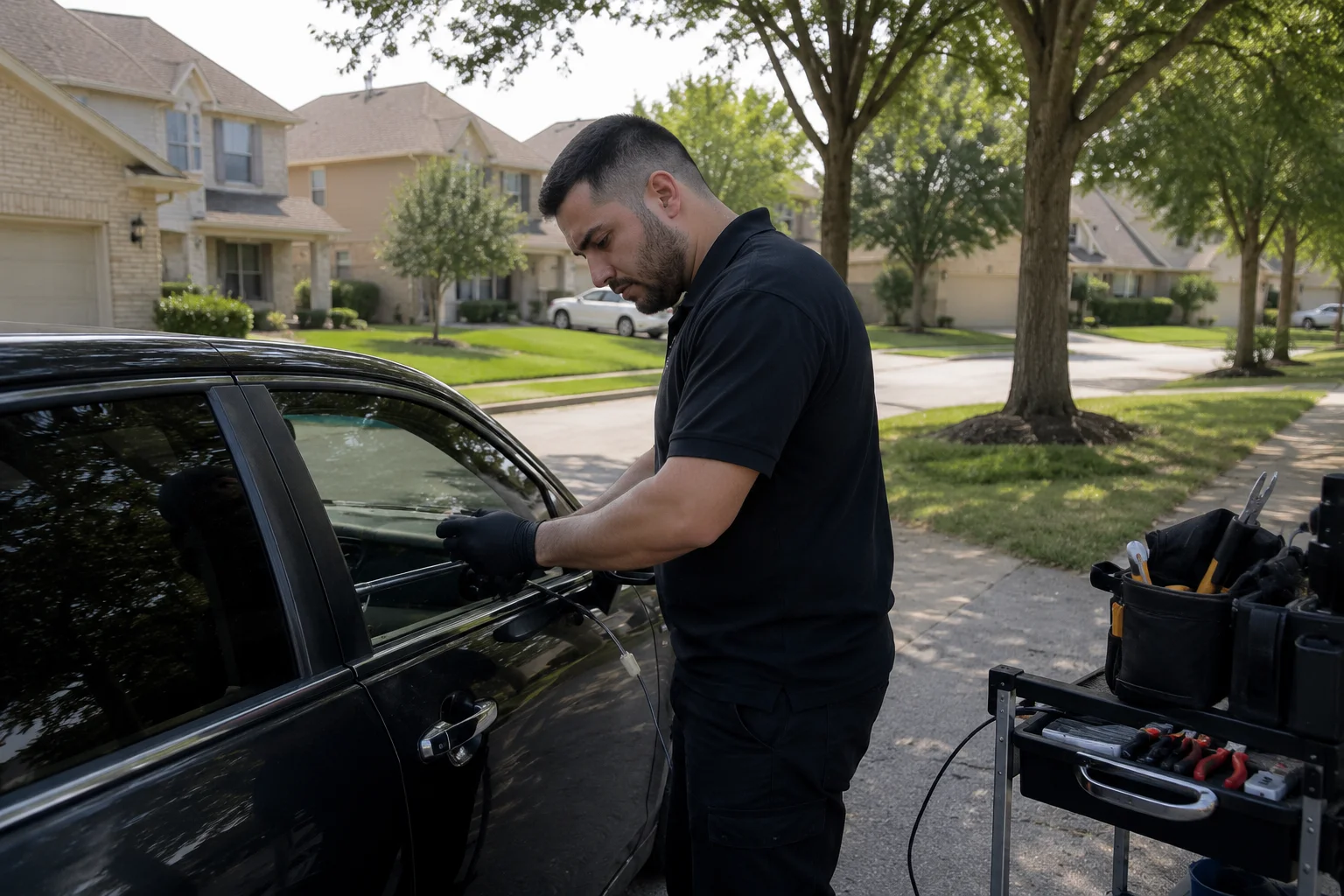 A mobile automotive locksmith working beside a black car parked in the driveway of a suburban home in Cypress, TX. The locksmith is standing next to the driver-side door, wearing a black polo shirt, black work pants, and black protective gloves while using a specialized locksmith tool at the top edge of the partially opened driver-side window. A thin tool or cable extends from the door area toward the locksmith’s hands as he carefully works on the vehicle’s locking mechanism. The black car has tinted windows, a chrome exterior door handle, and glossy paint that reflects the surrounding trees and homes. Beside the vehicle is a rolling locksmith tool cart containing organized hand tools, including screwdrivers, pliers, and other automotive service equipment, with additional tools stored in a black tool bag on the upper section. The work is taking place on a paved residential driveway beside a sidewalk. In the background is a quiet Cypress, TX neighborhood with large light-colored brick homes, attached garages, neatly maintained lawns, mature trees, trimmed shrubs, and residential streets under bright daylight. The scene shows hands-on automotive locksmith work at a vehicle, illustrating Automotive locksmith services in cypress, tx