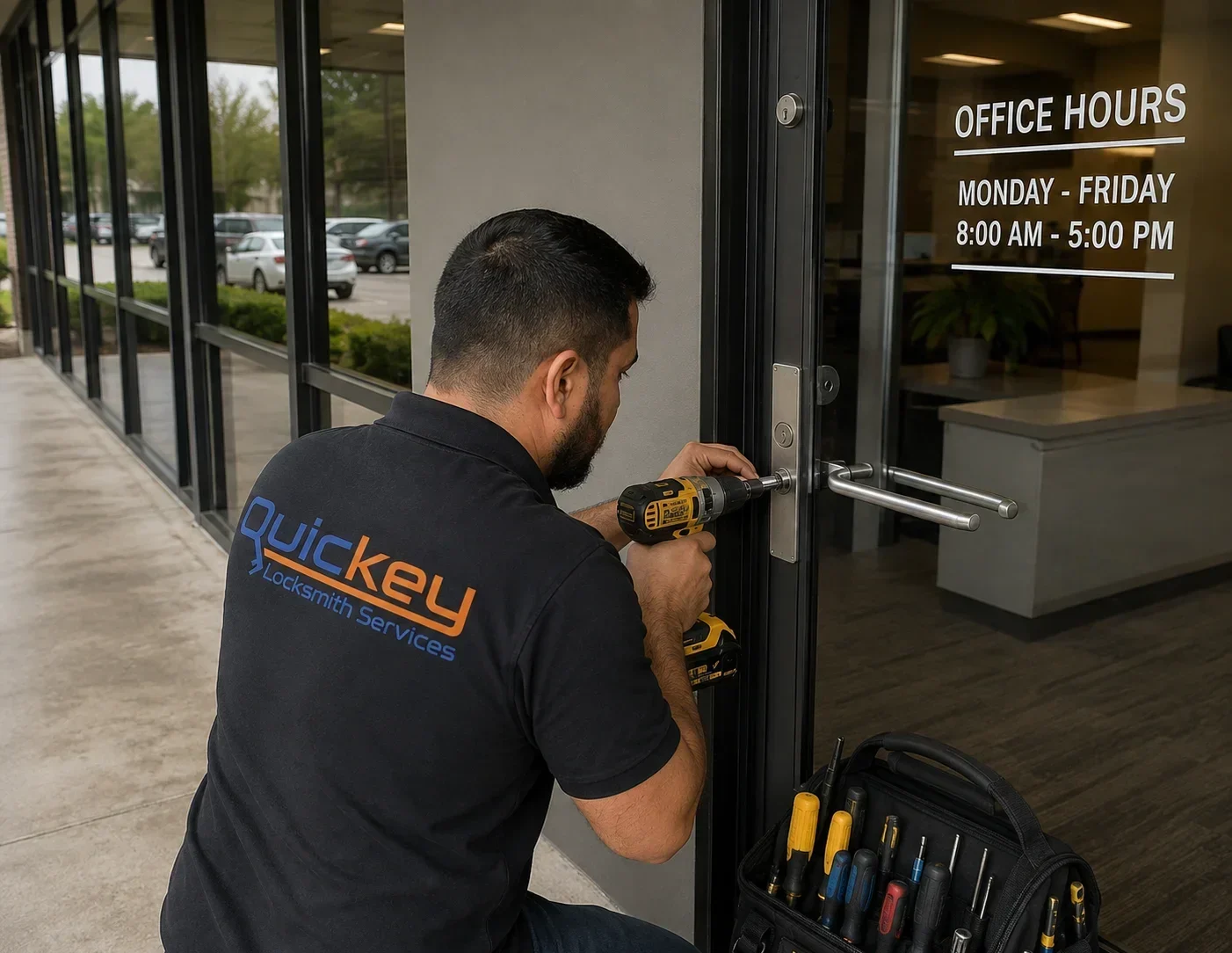 A commercial locksmith technician from Quickey Locksmith Services working on the locking hardware of a black-framed glass office entrance. The technician is wearing a black Quickey Locksmith Services polo shirt and is using a yellow-and-black cordless drill to service the door lock and handle assembly. A professional locksmith tool bag containing screwdrivers and other hand tools is positioned on the floor beside him. The commercial entrance consists of large glass panels with a horizontal metal pull handle, while the glass provides a view into a modern office reception area with a desk, indoor plant, flooring, and ceiling lights. Additional glass windows along the building reflect parked vehicles, trees, and the outdoor surroundings. The image shows an active commercial locksmith service being performed on an office door, representing Quickey Locksmith Services commercial lock repair and hardware service in the Clear Lake, Houston, TX.
