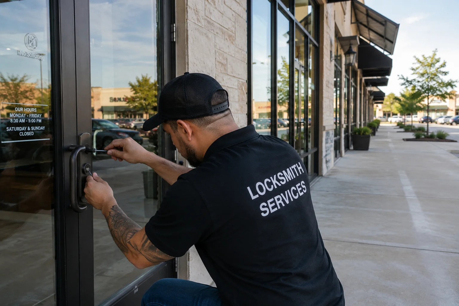 A commercial locksmith crouching beside the entrance of a storefront in Cypress, TX, using a small locksmith tool to work on the lock cylinder of a dark-framed glass entry door. The locksmith is wearing a black cap and black work shirt with “LOCKSMITH SERVICES” printed in large white letters across the back, and a detailed tattoo is visible along his forearm. He is focused on the door hardware, with one hand holding a tool inside the lock while the other steadies the lock area. The entrance has a large black pull handle, a keyed lock cylinder, and full-height glass panels that reflect parked vehicles and the surrounding commercial area. A notice on the glass reads “No Soliciting,” while another sign displays the business hours as “OUR HOURS MONDAY - FRIDAY 8:30 AM - 5:00 PM, SATURDAY & SUNDAY CLOSED.” The storefront exterior is finished with light-colored stone walls and tall glass windows, with multiple black awnings extending along the covered sidewalk. Large planters with trimmed shrubs line the walkway, and other storefronts, parked cars, trees, and a broad paved pedestrian area are visible farther down the commercial center. The scene shows hands-on locksmith work at a commercial entrance, illustrating commercial lock service such as lock repair, rekeying, replacement, or installation.