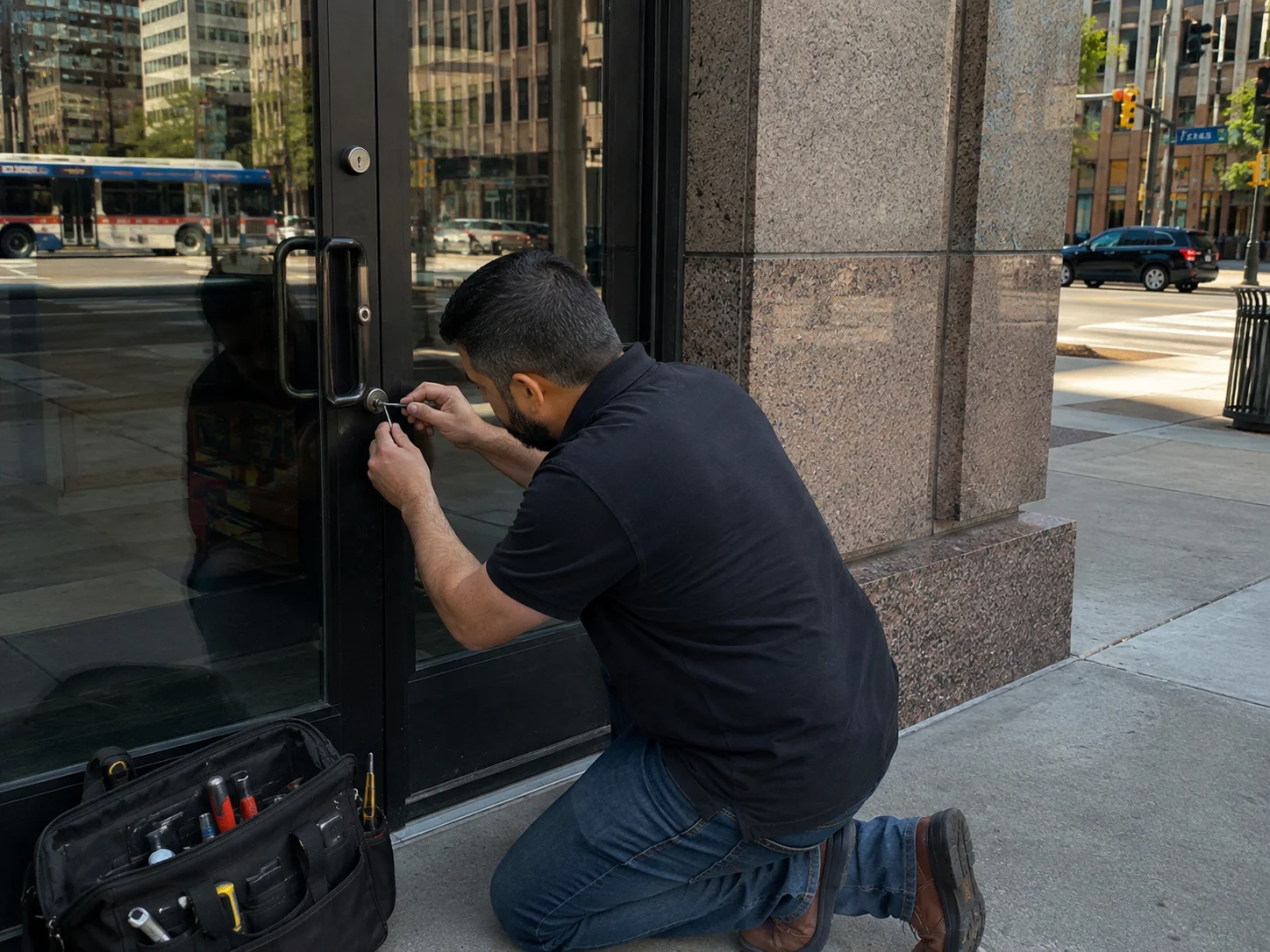 A commercial locksmith technician working on the lock of a black-framed glass entrance at a commercial building in Downtown Houston, TX. The technician is kneeling beside the door and using a small locksmith tool to service the cylindrical door lock beneath the large vertical pull handle. An open black locksmith tool bag containing various hand tools is positioned on the sidewalk beside him. The glass entrance reflects the surrounding downtown buildings and street, while a city bus, passing vehicles, traffic lights, trees, and other urban surroundings are visible in the background. The image represents professional commercial locksmith services in Downtown Houston, TX.