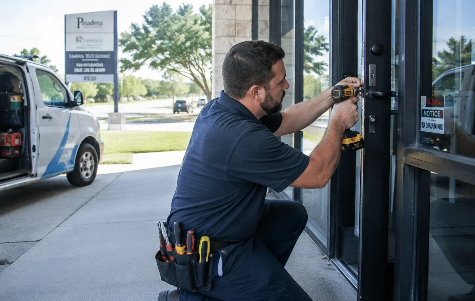 A commercial locksmith in Pasadena, TX, kneeling outside a commercial building and installing or repairing the locking hardware on a dark metal-framed glass entrance door. The locksmith is a bearded man with short dark hair, wearing a dark navy short-sleeve polo shirt and dark work pants. He is positioned beside the entrance with one knee on the concrete sidewalk and both hands raised toward the door's lock and latch assembly. He is using a yellow-and-black cordless power drill directly on the metal lock hardware near the edge of the glass door, while a second yellow-and-black power tool is secured in the tool area near his waist. A black tool belt around his waist contains several hand tools, including screwdrivers and other locksmith or installation tools with red, black, yellow, and metallic handles. The entrance has tall dark-colored metal framing, large glass panels, a commercial door handle, and a vertical metal latch and lock assembly along the door edge. A warning or security notice is posted on the glass beside the entrance. To the left of the locksmith, a white service van is parked outside with its side door open, showing equipment and tools inside. The surrounding commercial property has a wide concrete sidewalk, a green lawn, mature trees, a paved roadway, and other vehicles visible in the distance. A property sign is visible in the background near the road. The scene is brightly lit by natural daylight and shows a mobile commercial locksmith actively working on commercial entrance door hardware.